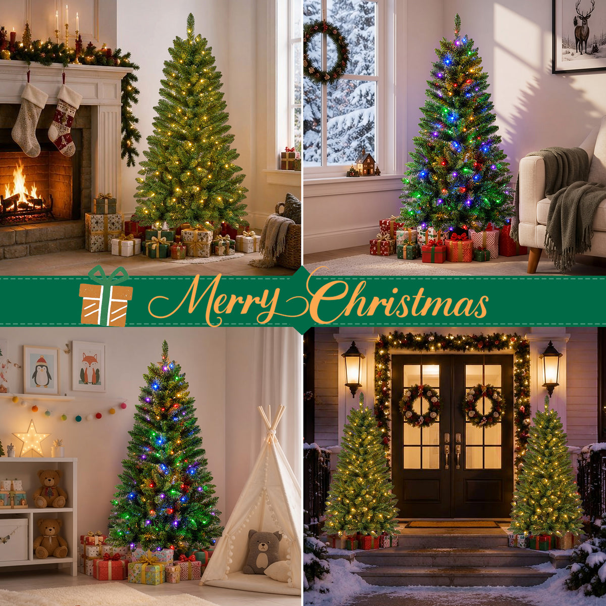 Goosiay Pre-Lit Artificial Christmas Tree, 4ft, 150 Warm White & Multi-Colored 10 Modes LED Lights, Metal Stand, 360 Branch Tips, Green