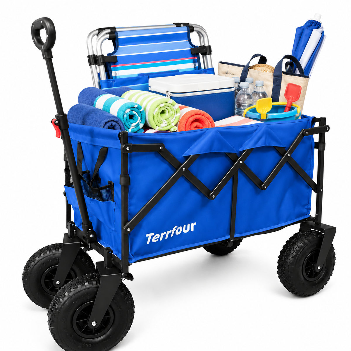 Beach Wagon with 10" Big Sand-Proof Wheels, 580lbs Capacity Heavy Duty Collapsible Cart with Adjustable Handle for Beach, Camping, Groceries, Sports, Blue