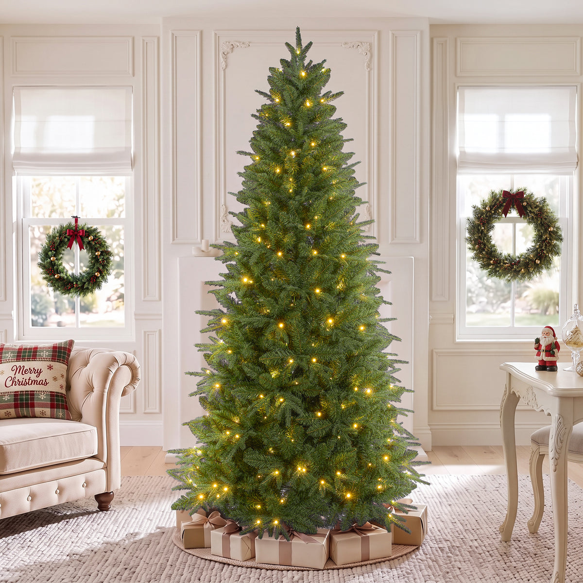 7ft Pre-Lit Artificial Christmas Tree, Aspen Fir with 1600 PE & PVC Mixed Branch Tips, Realistic Evergreen Tree with 300 Warm White & Multicolor LED Lights, 10 Lighting Modes