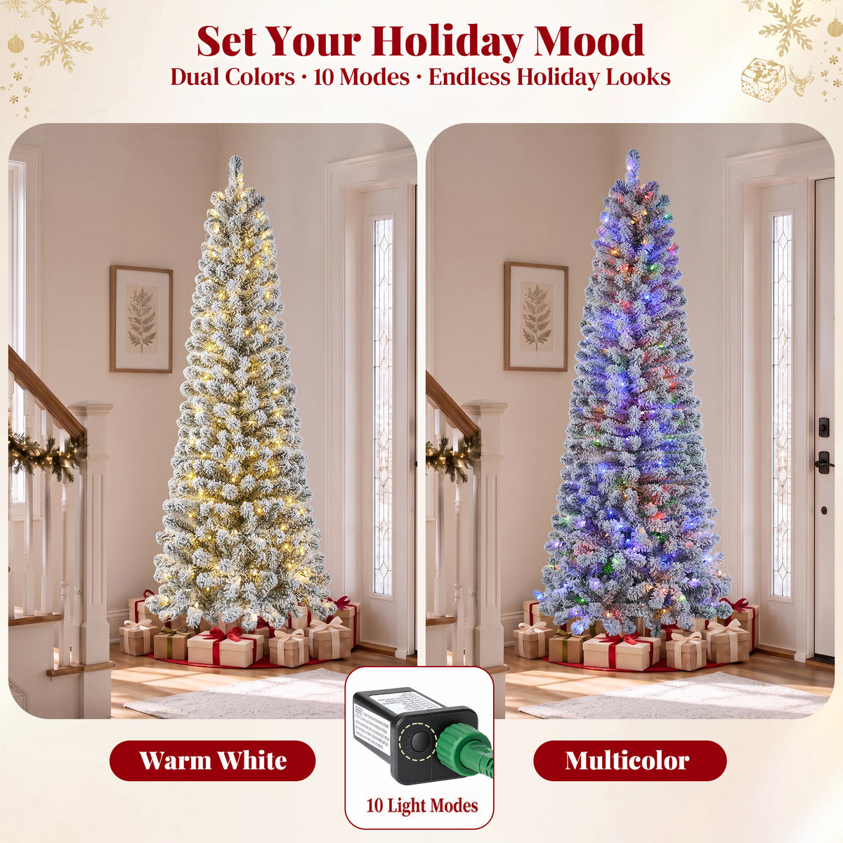 Goosiay 7ft Snow Flocked Pencil Christmas Tree, Pre-Lit Artificial Christmas Tree with 640 Tips,300 Warm White & Multicolor Lights, 10 Modes, Slim Xmas Tree with Stand