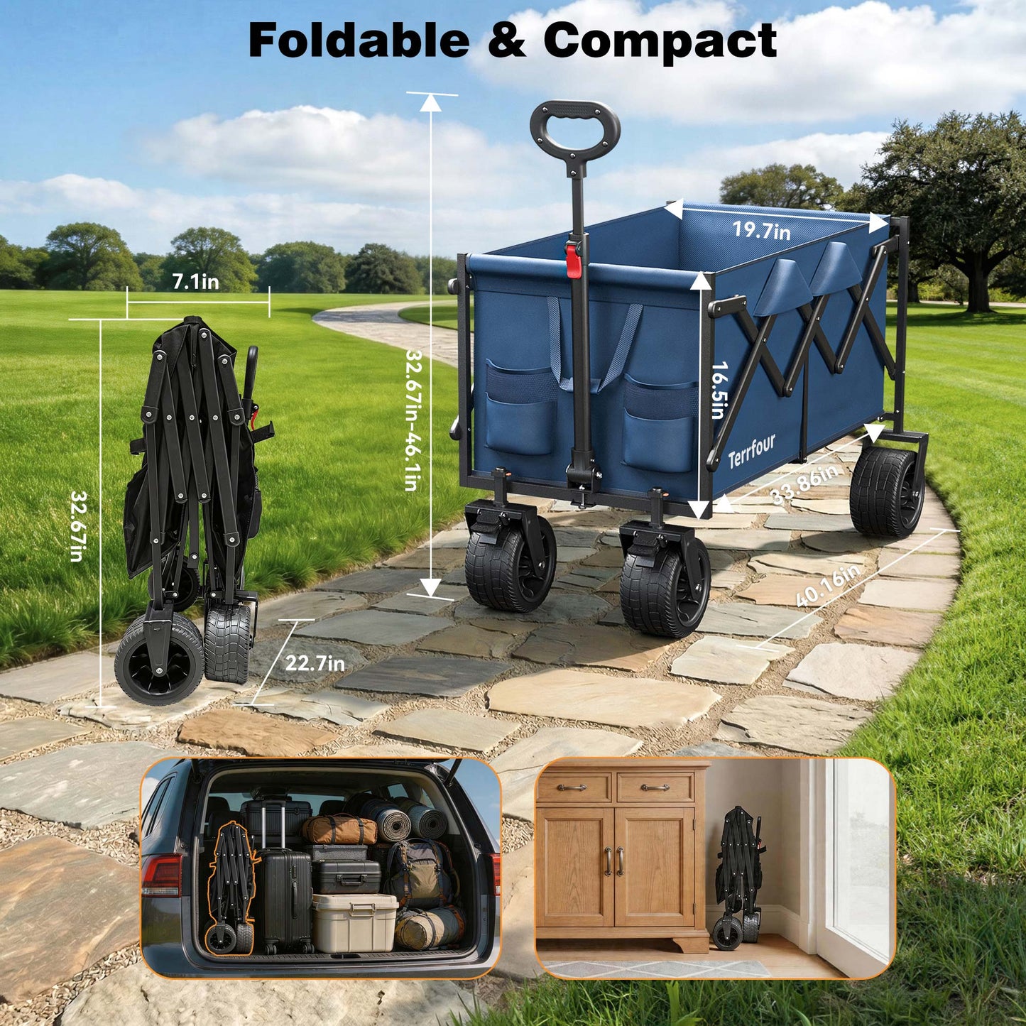 Goosiay Collapsible Wagon Cart with Tank Wheels, 580LBS Heavy Duty Folding Beach Wagon for Camping Garden Sports Shopping, Navy Blue