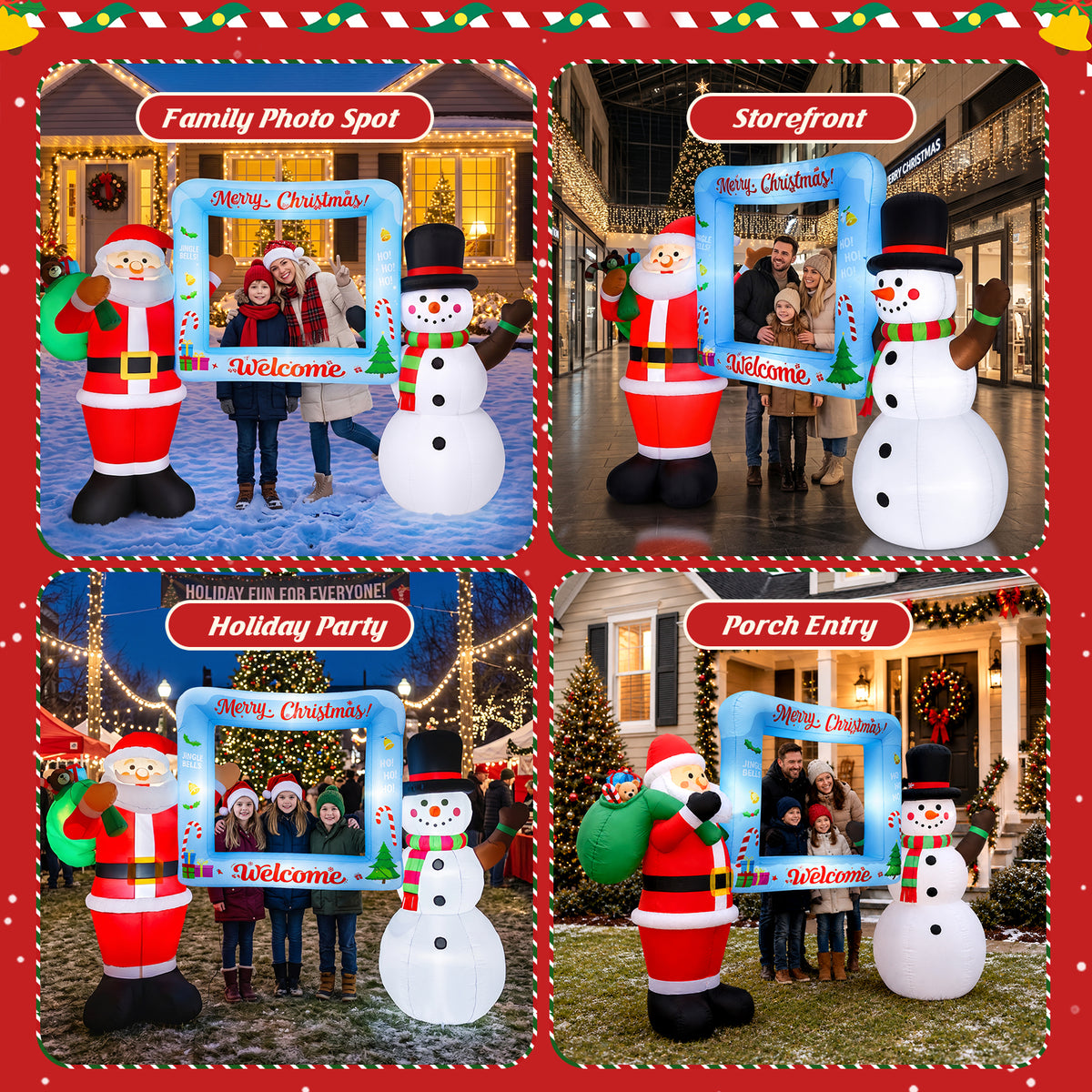 10FT Christmas Inflatable, Blow up Christmas Outdoor Decoration Selfie Picture Frame with Santa & Snowman, Pre-Lit Holiday Welcome Photo Booth Prop for Yard Family Party