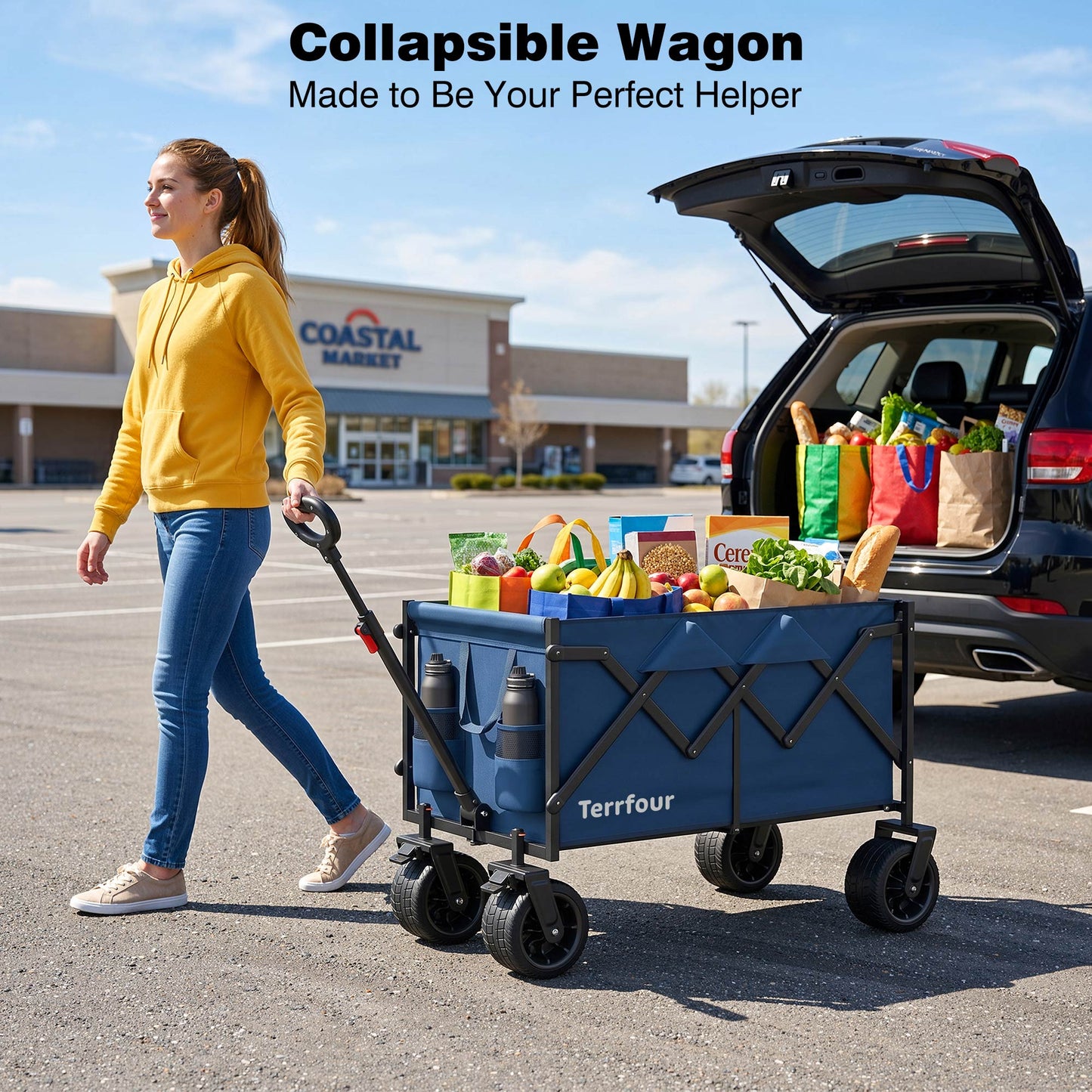 Terrfour Collapsible Wagon Cart with Tank Wheels, 580LBS Heavy Duty Folding Beach Wagon for Camping Garden Sports Shopping, Navy Blue