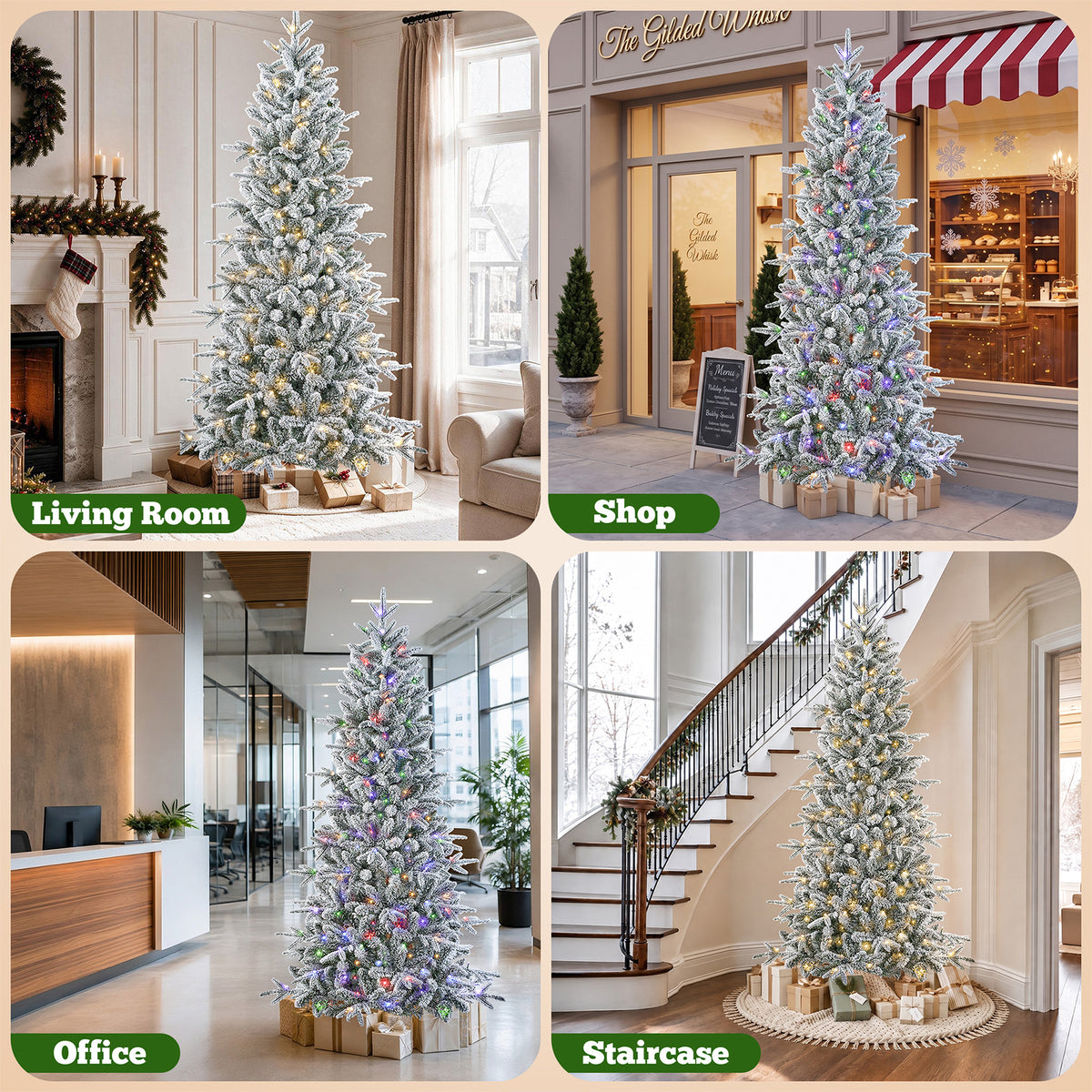 7 ft Pre-Lit Snow Flocked Slim Aspen Fir Artificial Christmas Tree, 1200 PE & PVC Tips, 300 Warm White & Multicolor LED Lights