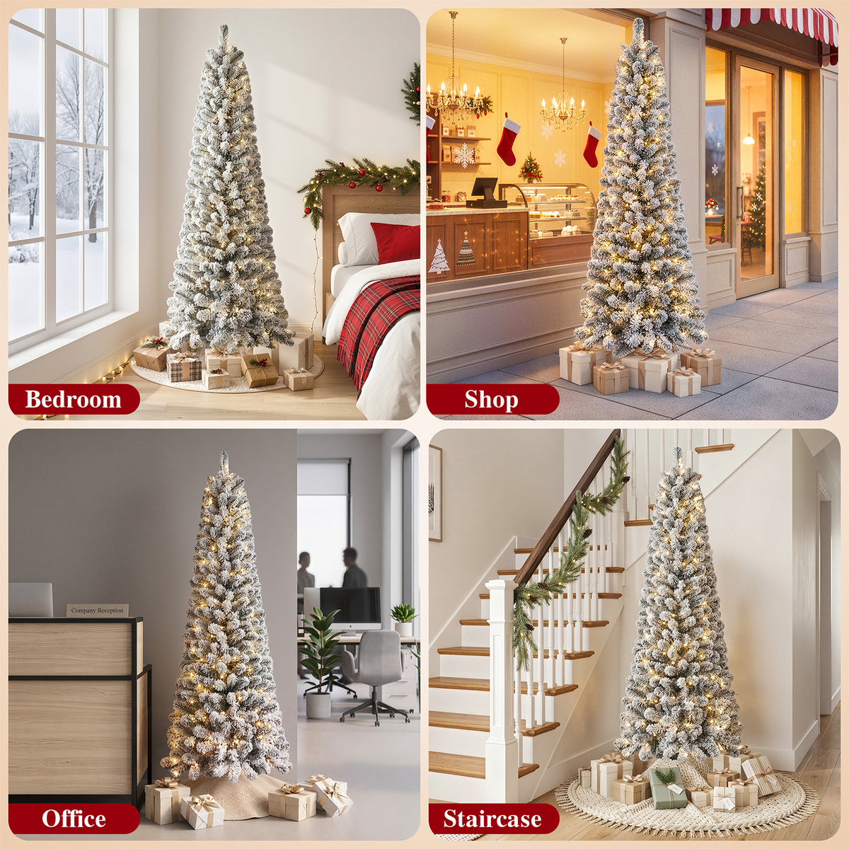 Goosiay 6ft Snow Flocked Pencil Christmas Tree, Pre-Lit Artificial Christmas Tree with 500 Tips, 250 Warm White & Multicolor Lights, 10 Modes, Slim Xmas Tree with Stand