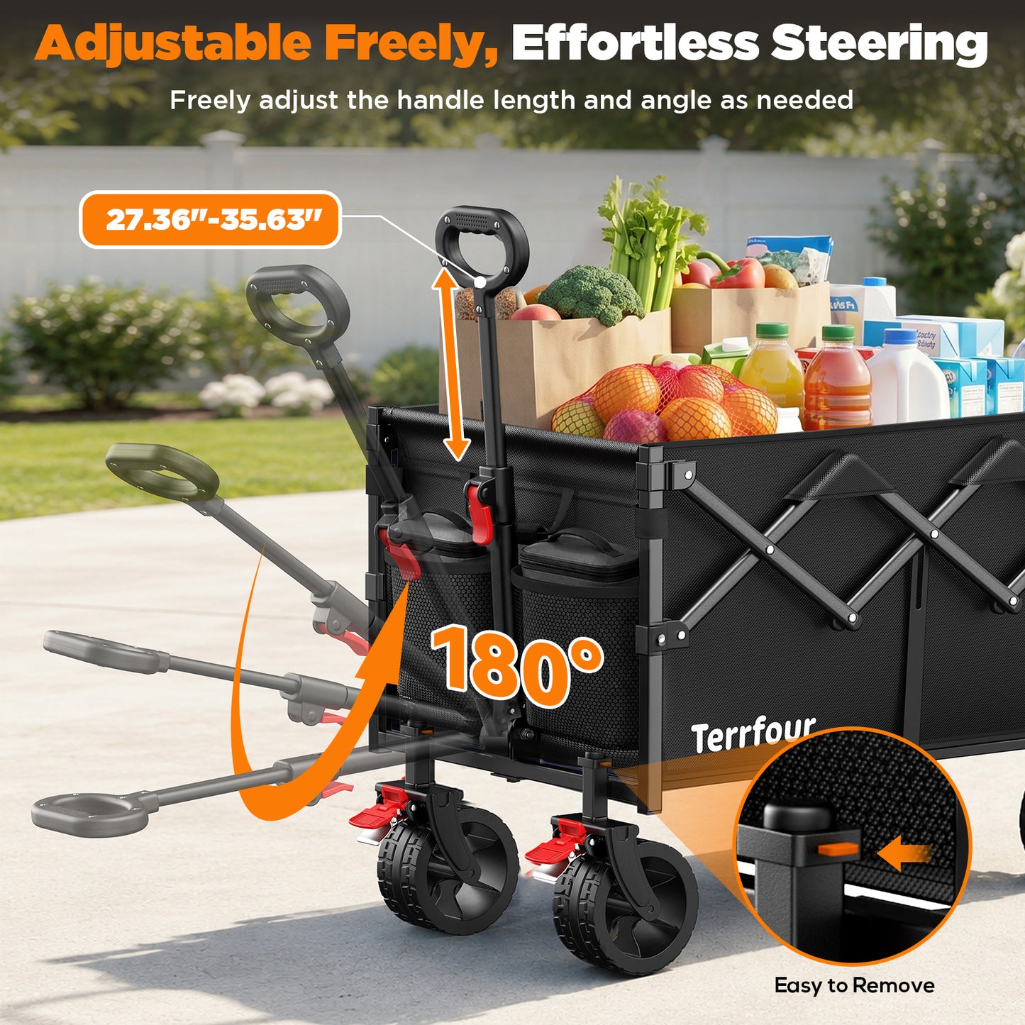 Terrfour 430lb Heavy Duty Collapsible Folding Wagon Cart with Extended Tailgate and All-Terrain Wheels for Camping, Garden, Outdoor, Black