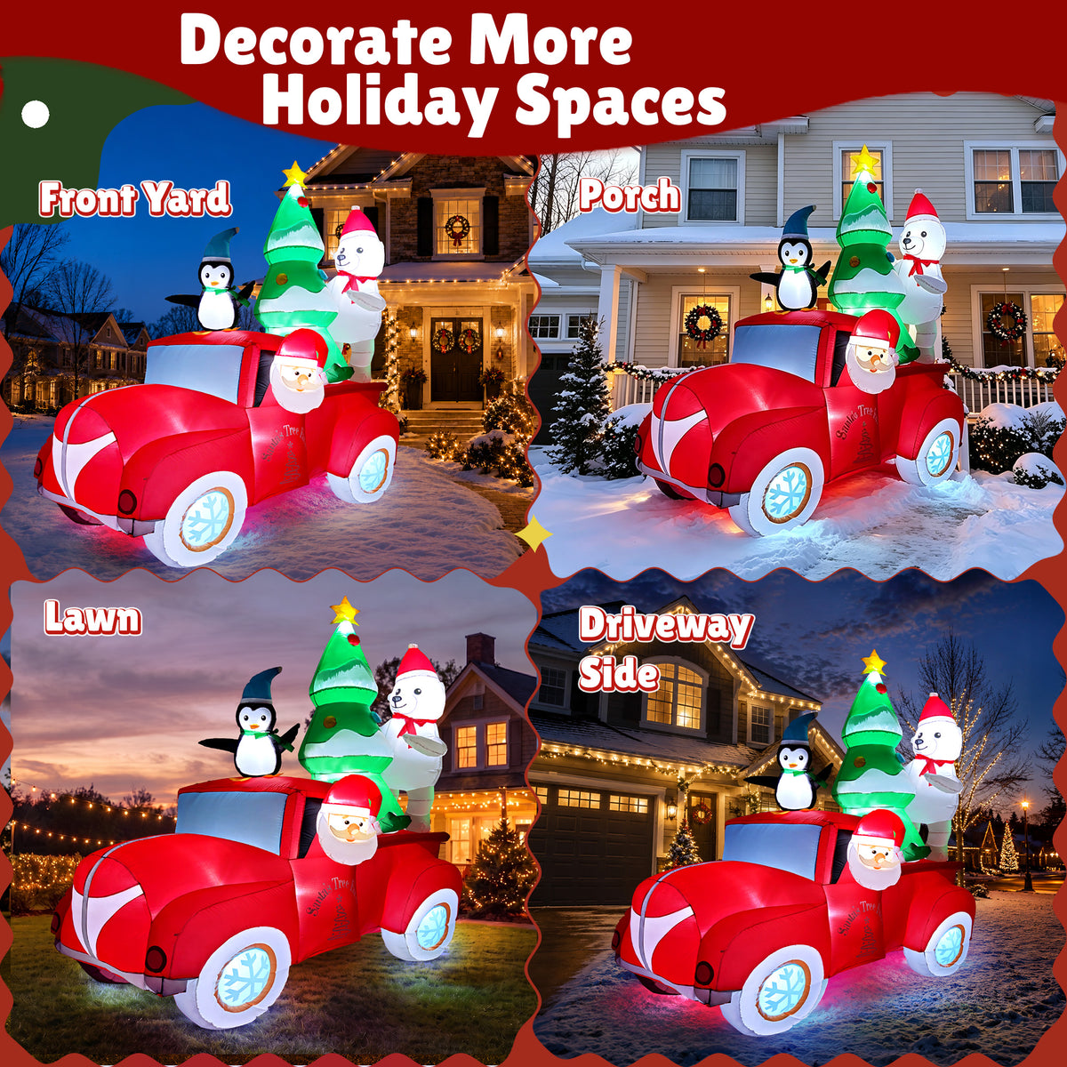 Goosiay 8 ft Outdoor Christmas Inflatable with Santa, Penguin, Polar Bear and Red Car, Built-in LED Lights for Yard, Lawn and Garden