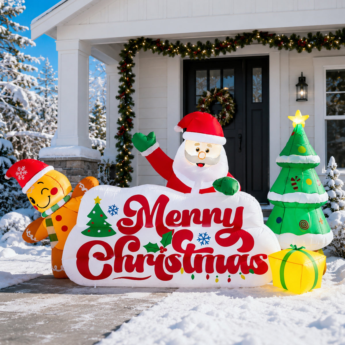 10ft Christmas Inflatables Outdoor Decorations, Merry Christmas Sign with Santa Gingerbread Christmas Tree, Built-in LEDs for Yard Lawn Garden