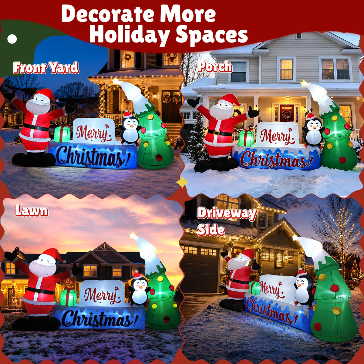 Goosiay 12 ft Christmas Inflatable Outdoor Decoration with Santa Claus, Penguin, Holiday Tree & Merry Christmas Sign, 10 LED Lights for Yard