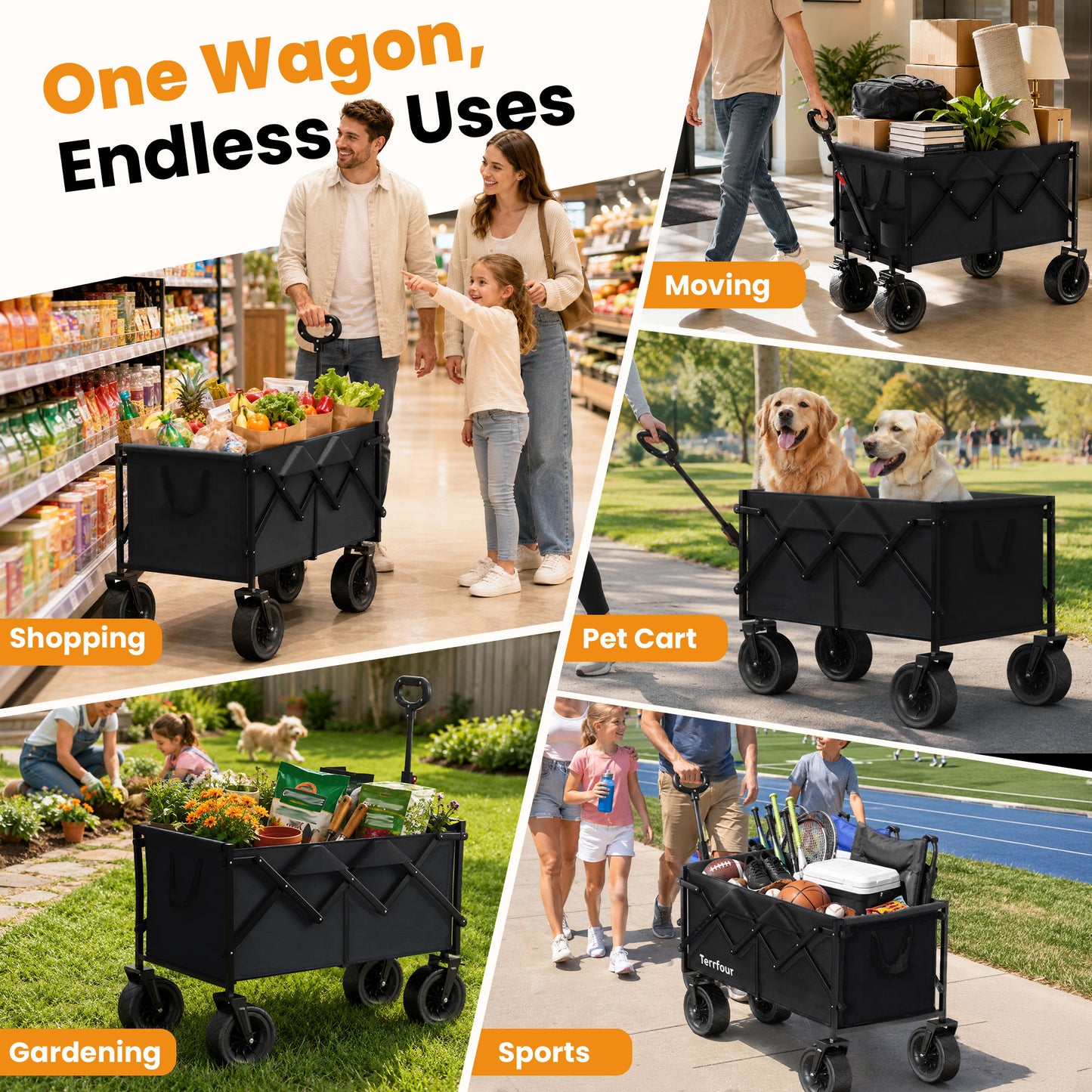 Goosiay Collapsible Folding Wagon, 580LBS Portable Heavy Duty Utility Cart for Grocery, Shopping, Garden, Sports, Camping, Black