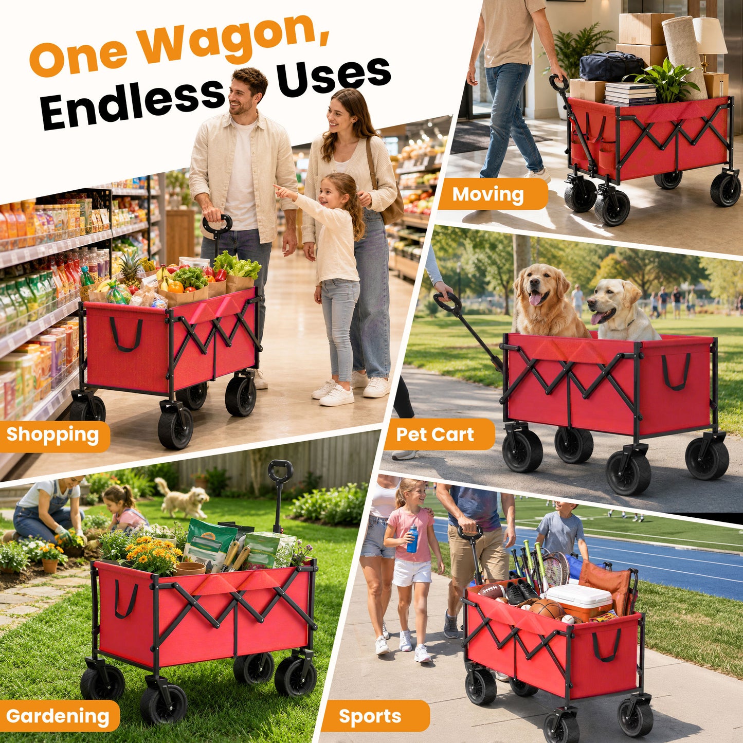 Goosiay 580LBS Collapsible Folding Wagon, Heavy Duty Utility Cart for Grocery, Shopping, Garden, Sports, Camping, Red