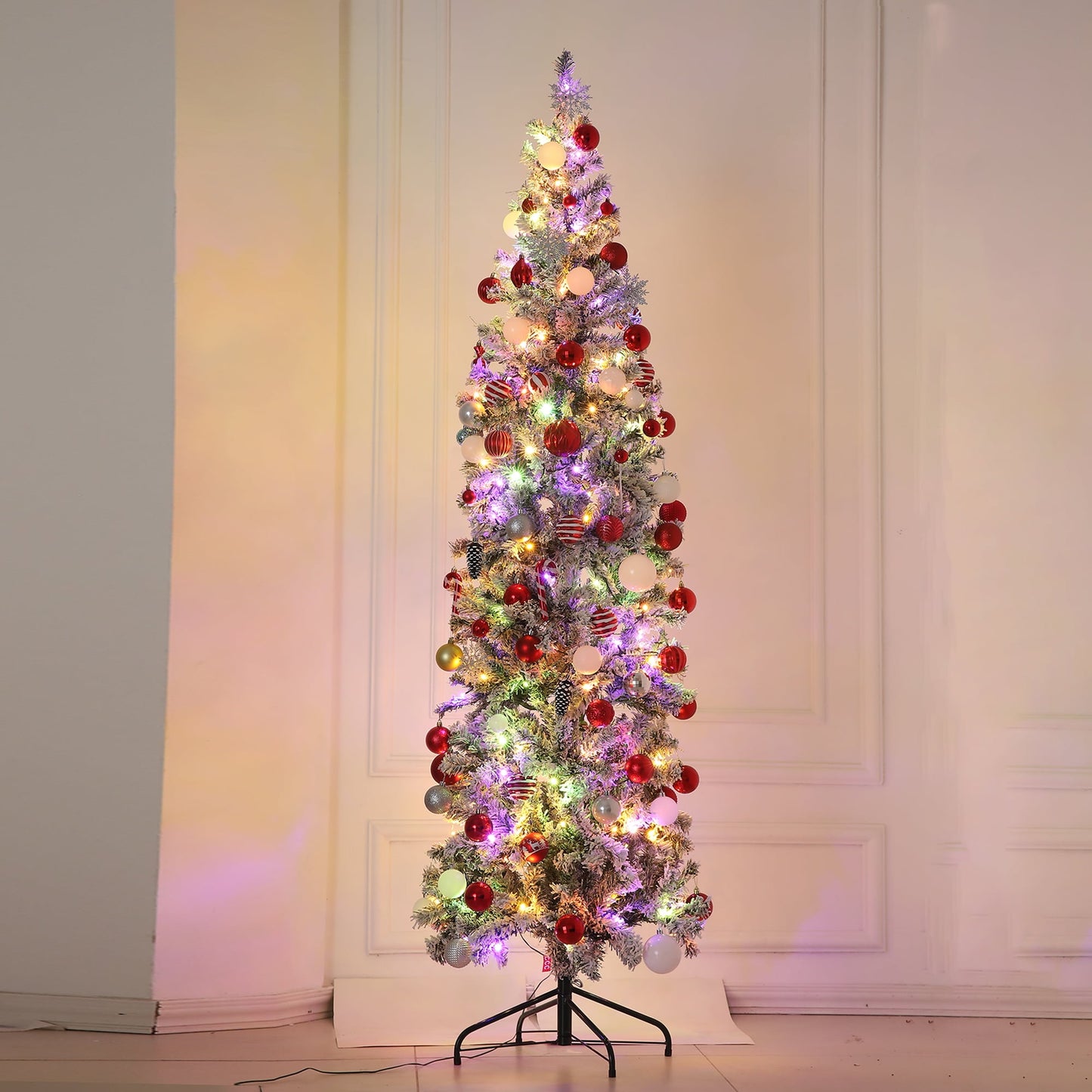 Goosiay 7ft Pre-Lit Artificial Snow Flocked Pencil Christmas Tree, Slim Holiday Xmas Tree with Warm White & Multicolor Lights, 10 Lighting Modes for Indoor Decoration