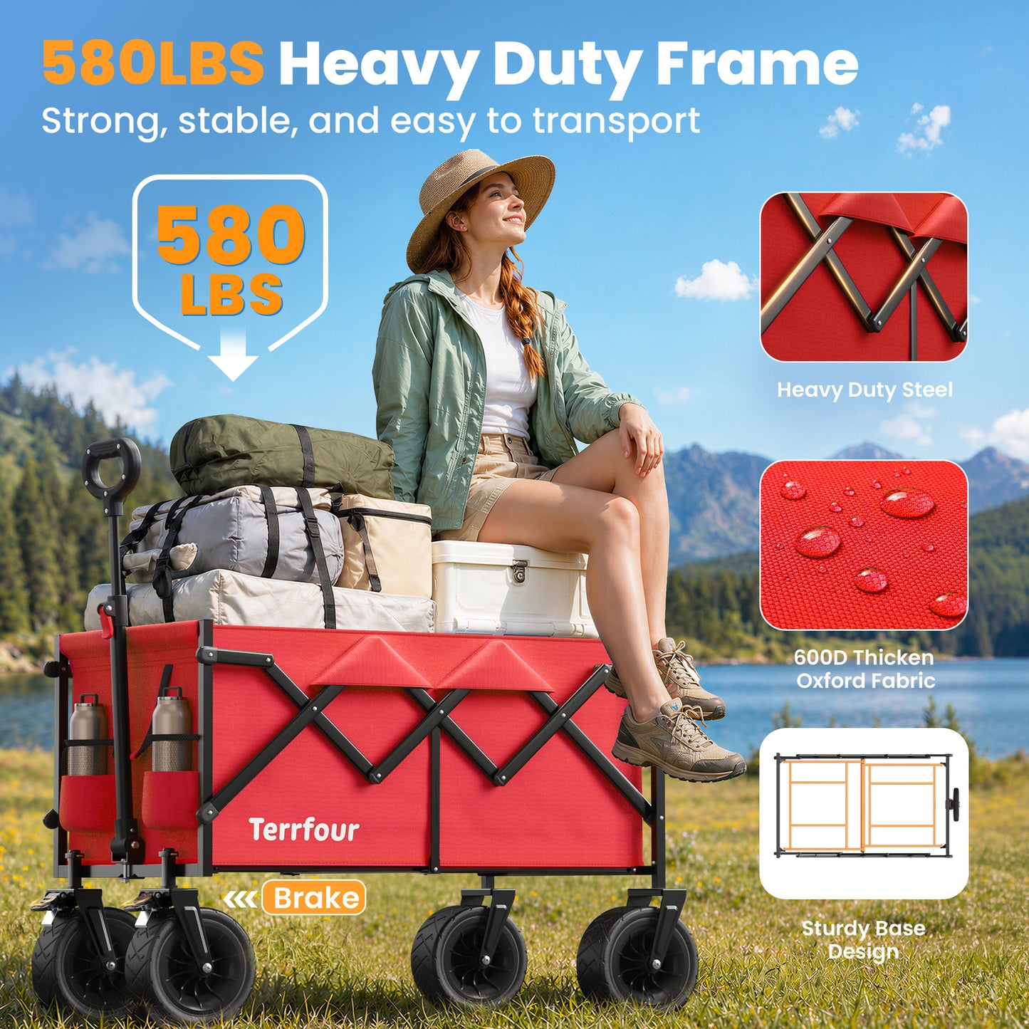 580LBS Collapsible Folding Wagon, Heavy Duty Utility Cart for Grocery