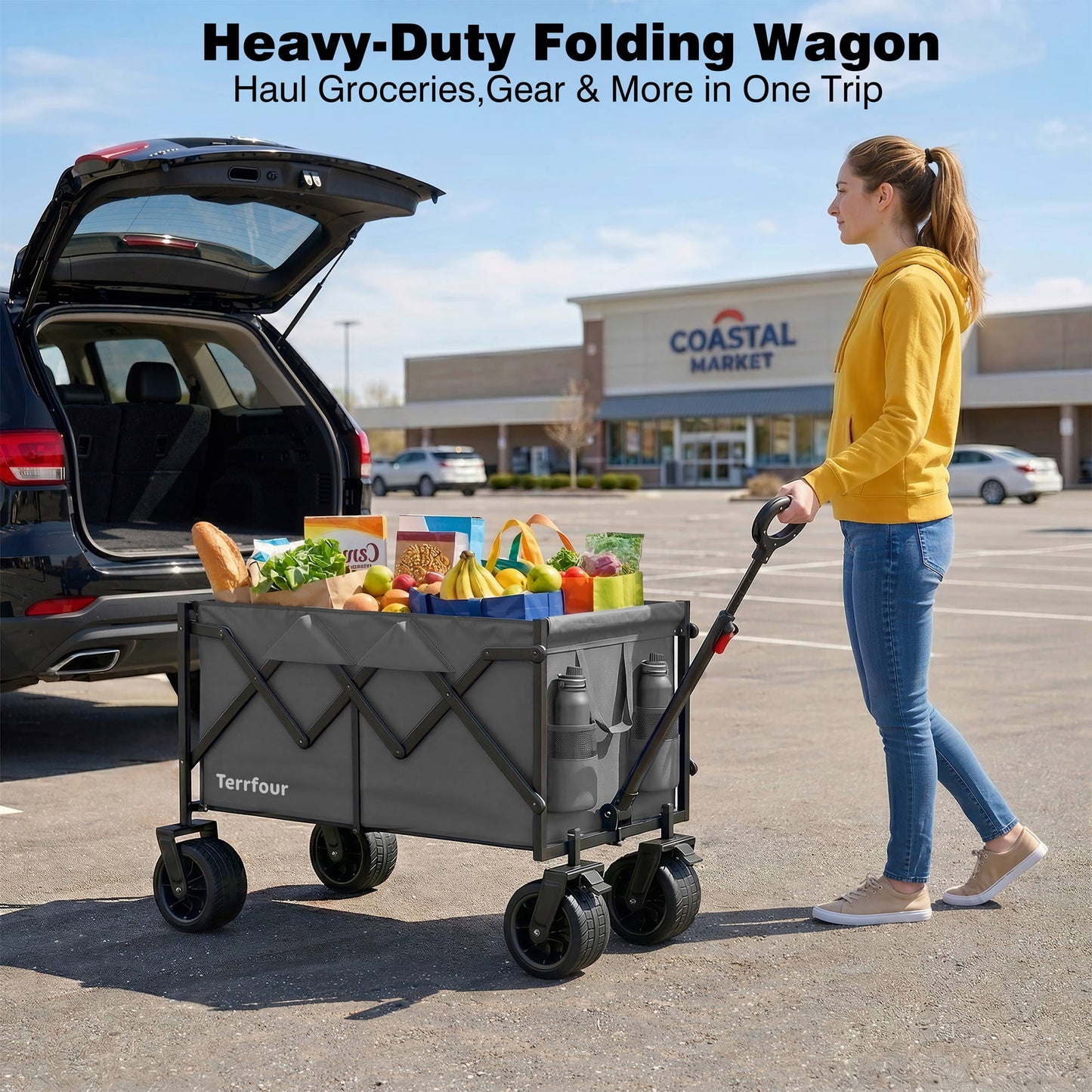 580lbs Portable Foldable Wagon Cart, Collapsible Utility Heavy Duty Wagons Carts for Grocery Sports Garden Shopping Camping,Gray