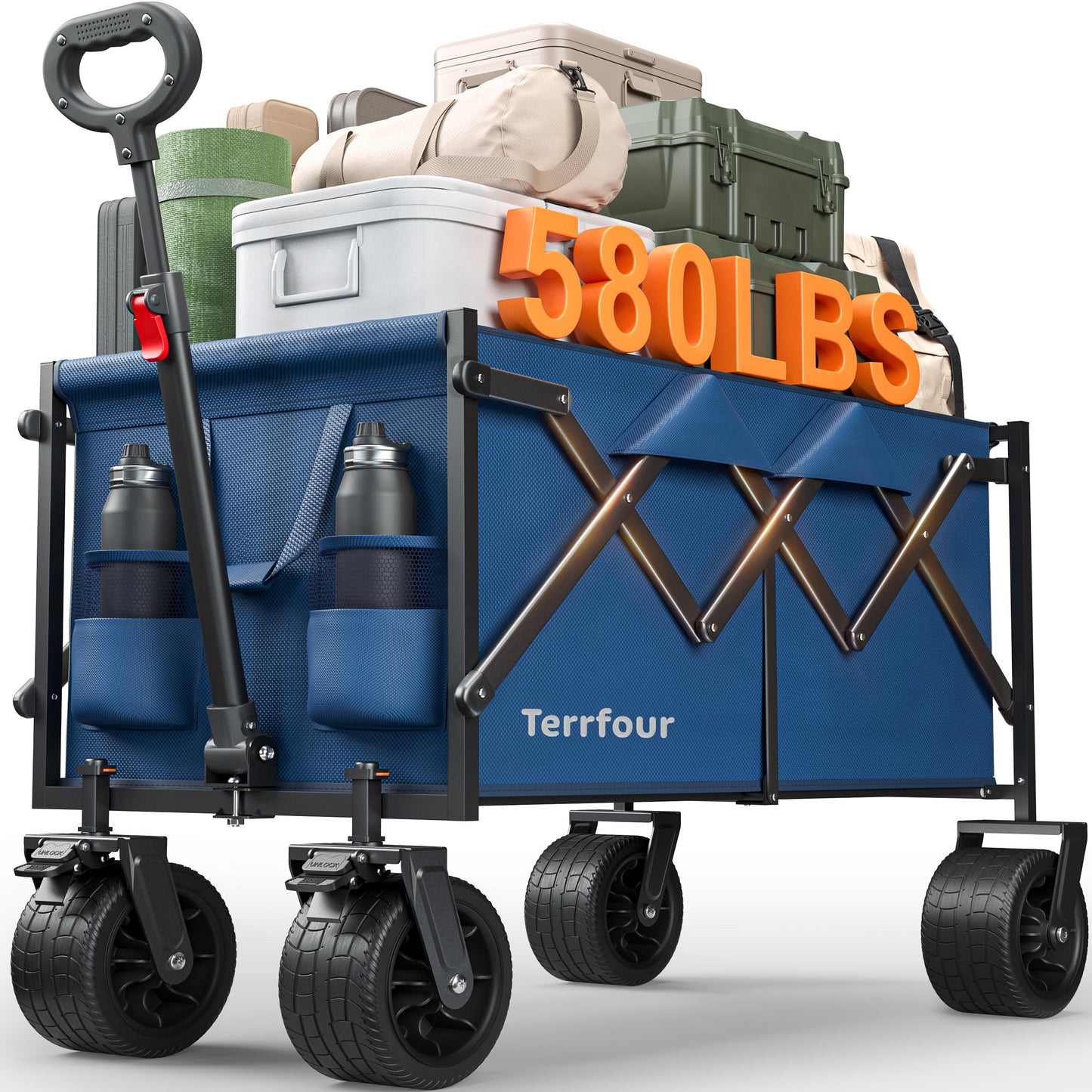 Terrfour Collapsible Wagon Cart with Tank Wheels, 580LBS Heavy Duty Folding Beach Wagon with Side Pocket for Camping Garden Sports Shopping, Black