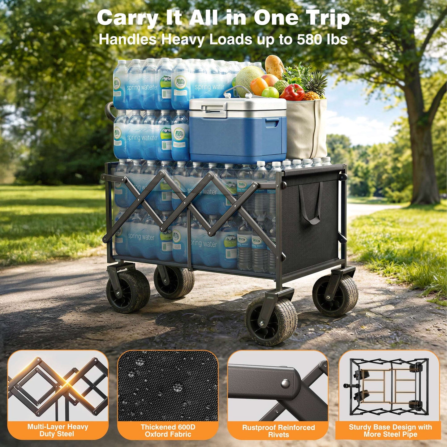Goosiay Collapsible Wagon Cart with Tank Wheels, 580lbs Heavy Duty Folding Utility Wagon with Flexible Handle for Camping, Grocery, Garden, Sports & Shopping, Black