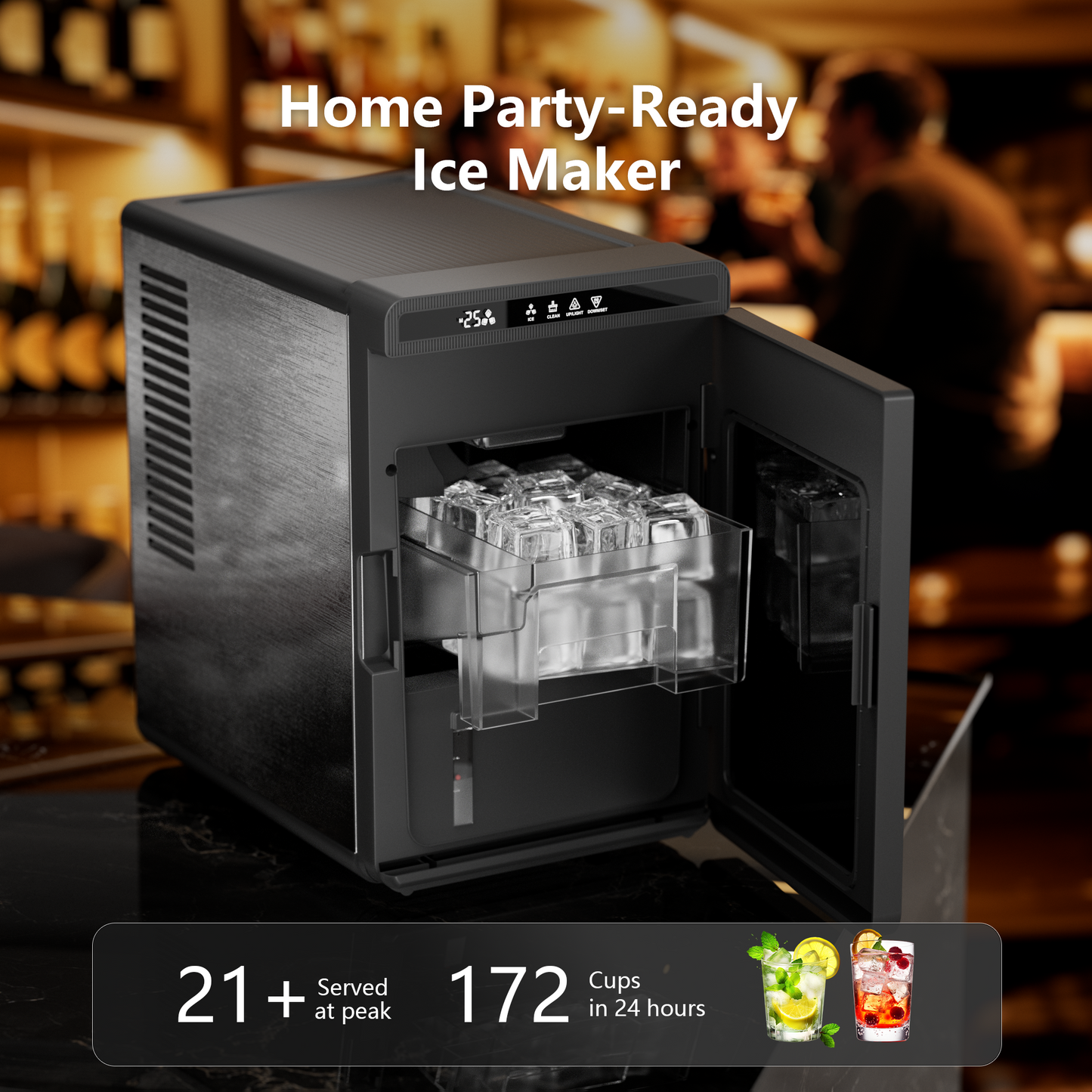 Goosiay Slow-Melting 1.6" Clear Ice Cube Maker Countertop, 3 Pcs in 25 Mins, 172/Day, 21 Ice Storage, Large Solid Cube Ice Machine, Self-Cleaning, 24H Timer for Whiskey, Home Bar, Stainless Steel