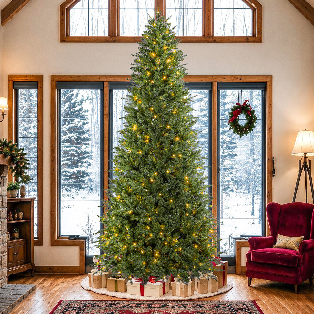 9ft Pre-Lit Artificial Christmas Tree, Aspen Fir Style with 2800 PE & PVC Mixed Branch Tips, Tall Realistic Evergreen Tree with 400 Warm White & Multicolor LED Lights, 10 Lighting Modes