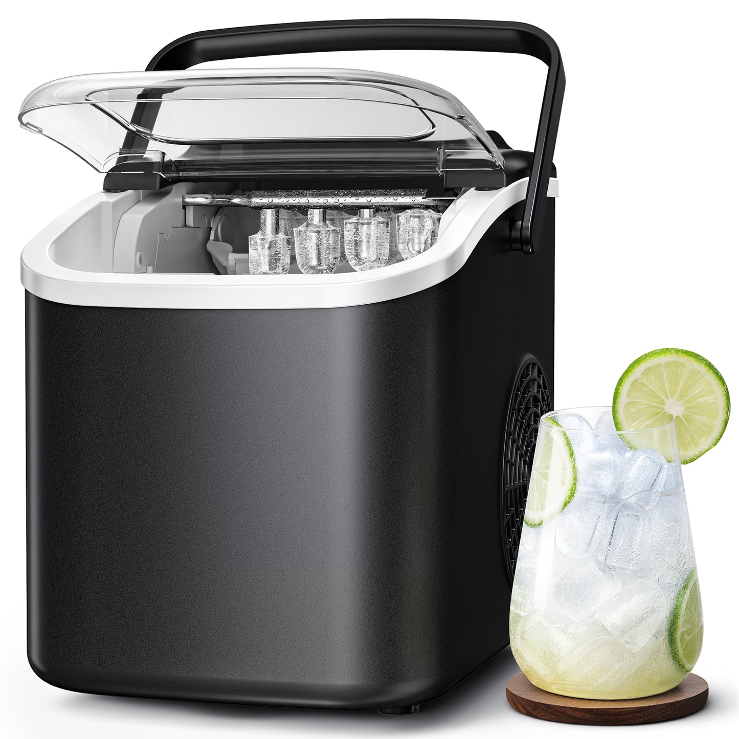 Goosiay Countertop Ice Maker, 26lbs Portable Small Ice Makers with Handle, 8 Cubes in 6 Mins, 2 Size of Bullet Ice, Self-Cleaning Mini Ice Machine for Home, Kitchen, RV, Camping, Black