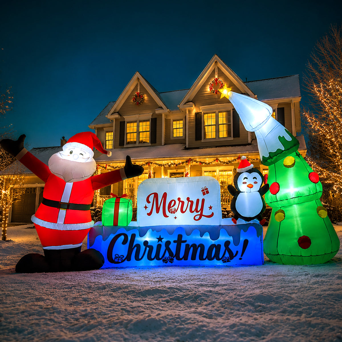 Goosiay 12 ft Christmas Inflatable Outdoor Decoration with Santa Claus, Penguin, Holiday Tree & Merry Christmas Sign, 10 LED Lights for Yard