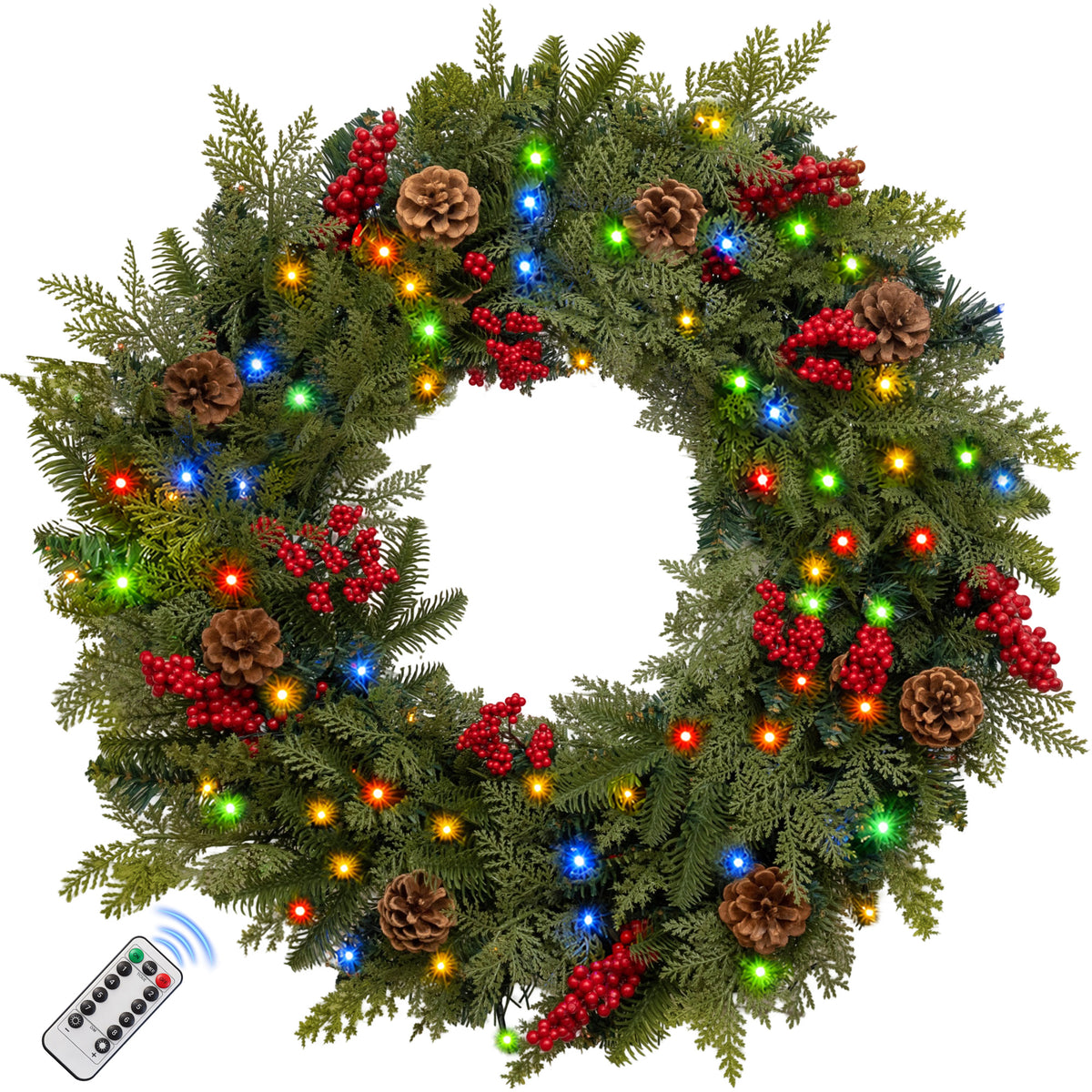 24 in Pre-Lit Christmas Wreaths for Front Door Window, PE+PVC Lighted Outdoor Wreaths with Timer, Battery Operated, Remote