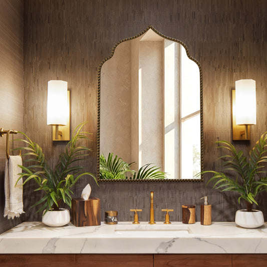 Arched Mirror for Wall, 30"x20" Vintage Bathroom Mirror with Beading Frame, Wall-Mounted Mirror for Living Room, Bedroom, Entryway, Decorative Antique Bronze Mirror