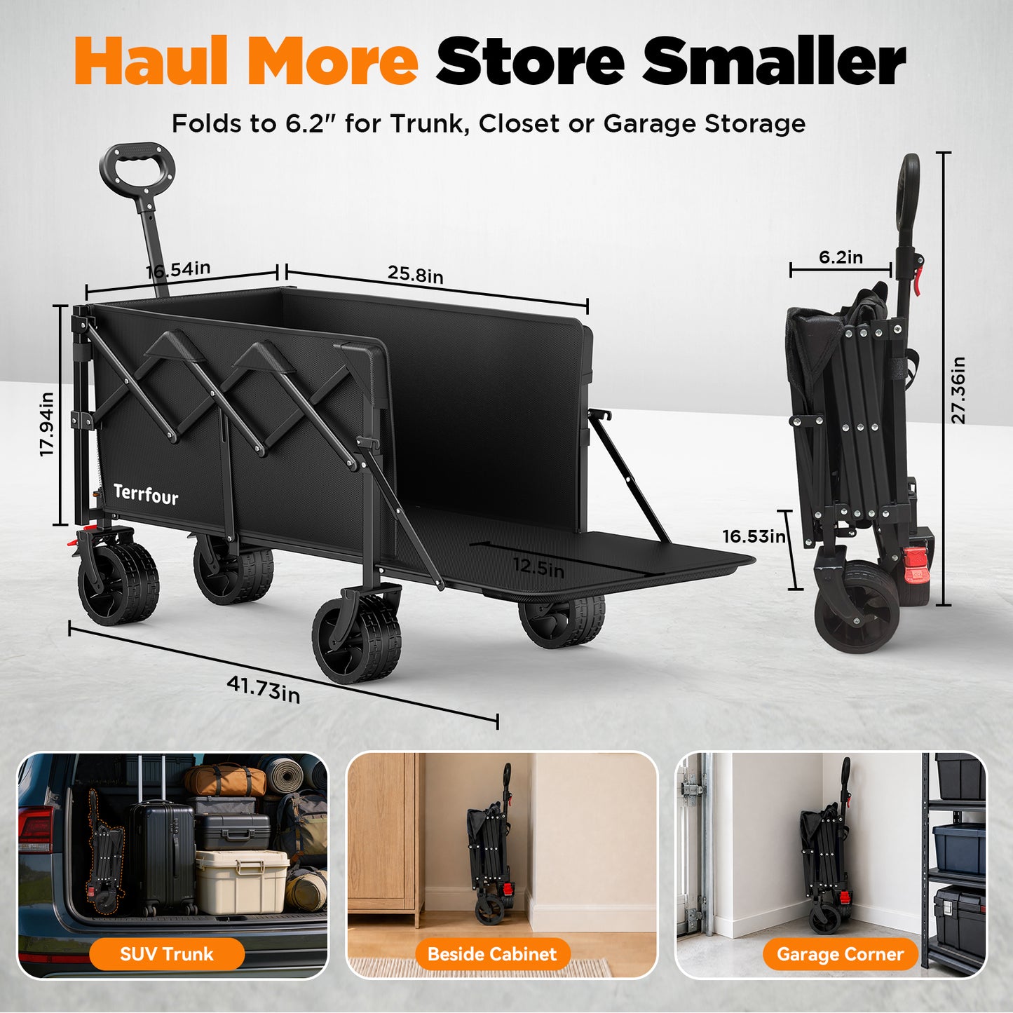 Terrfour 430lb Heavy Duty Collapsible Folding Wagon Cart with Extended Tailgate and All-Terrain Wheels for Camping, Garden, Outdoor, Black