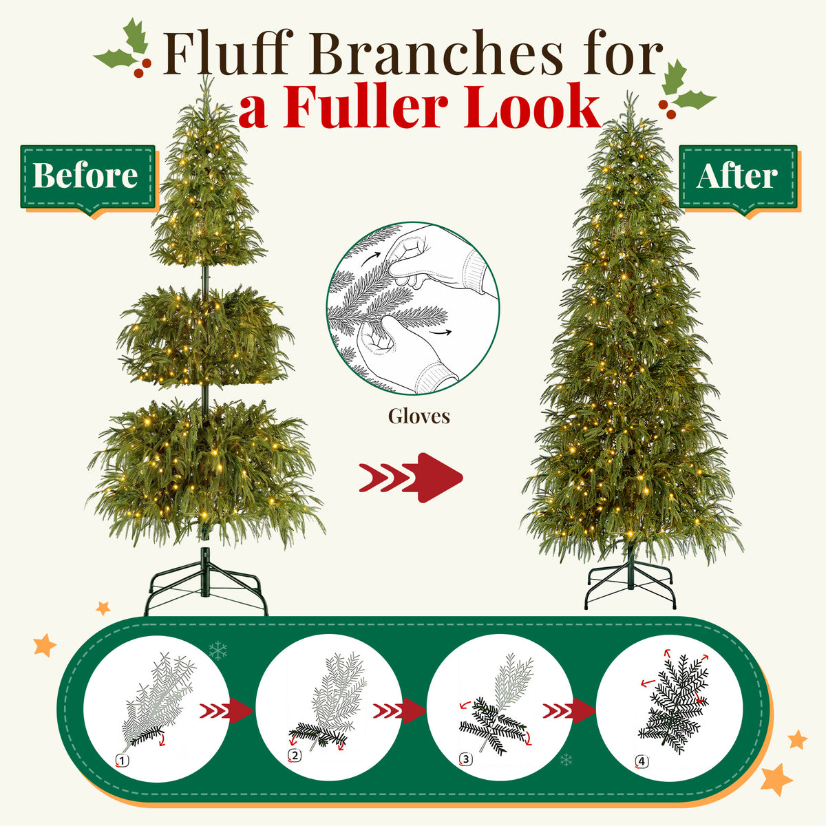 Goosiay 7 ft Pre-Lit Norfolk Pine Christmas Tree, PE Slim Artificial Tree with 300 Warm White & Multicolor 10-Function Lights, 6718 Branch Tips,Green