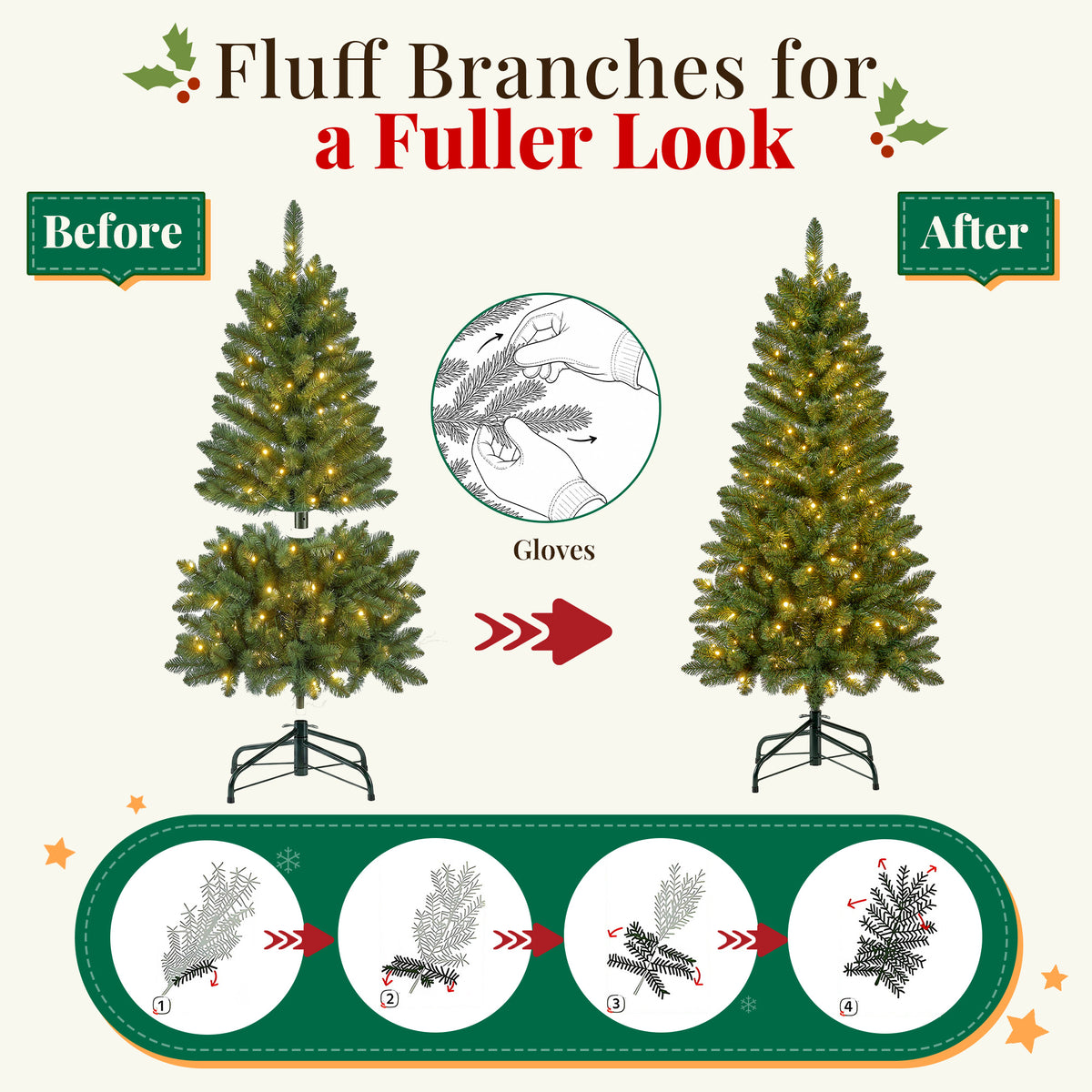 Goosiay Pre-Lit Artificial Christmas Tree, 4ft, 150 Warm White & Multi-Colored 10 Modes LED Lights, Metal Stand, 360 Branch Tips, Green
