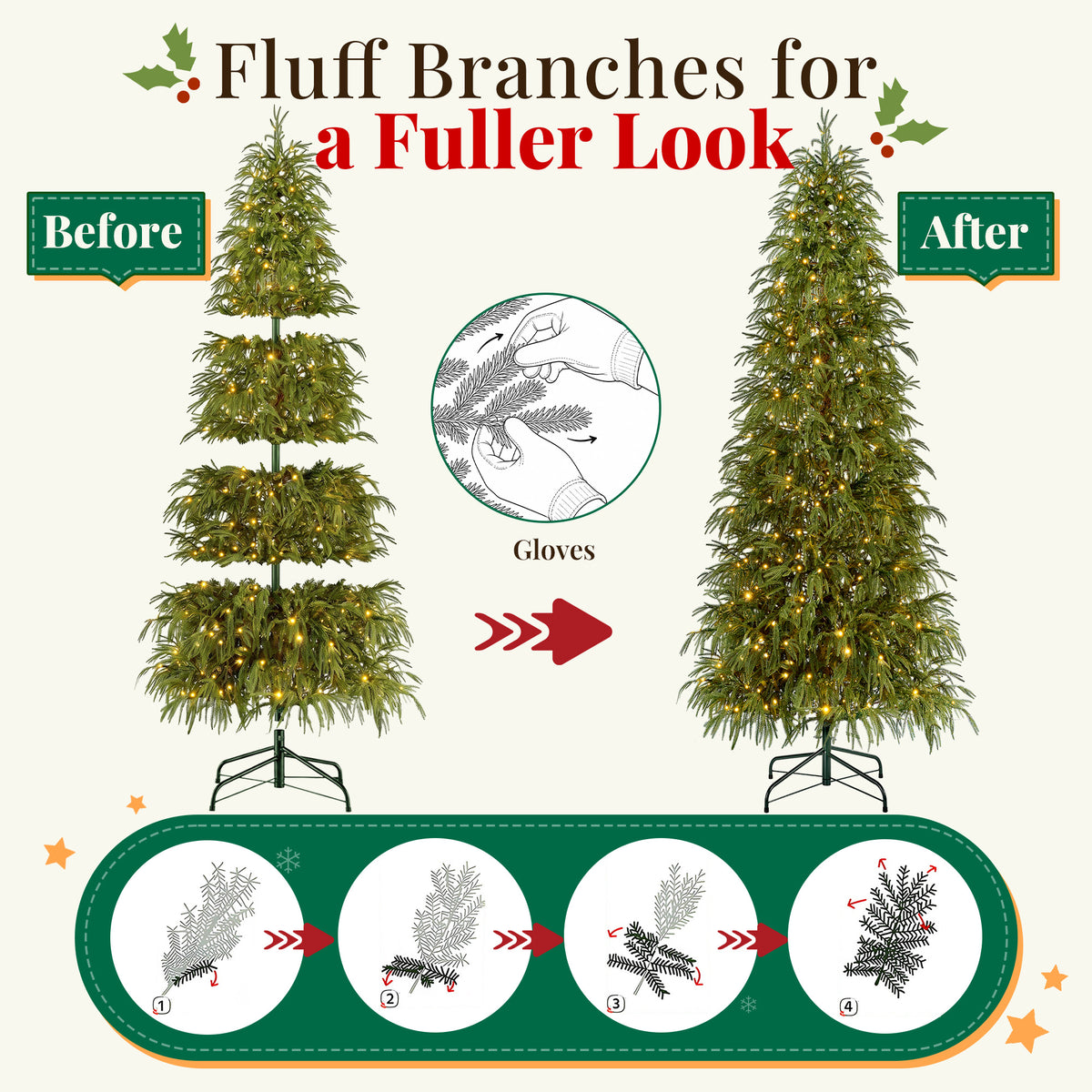 Goosiay 9 ft Pre-Lit Norfolk Pine Christmas Tree, PE Slim Artificial Tree with 480 Warm White & Multicolor 10-Function Lights, 8488 Branch Tips, Green
