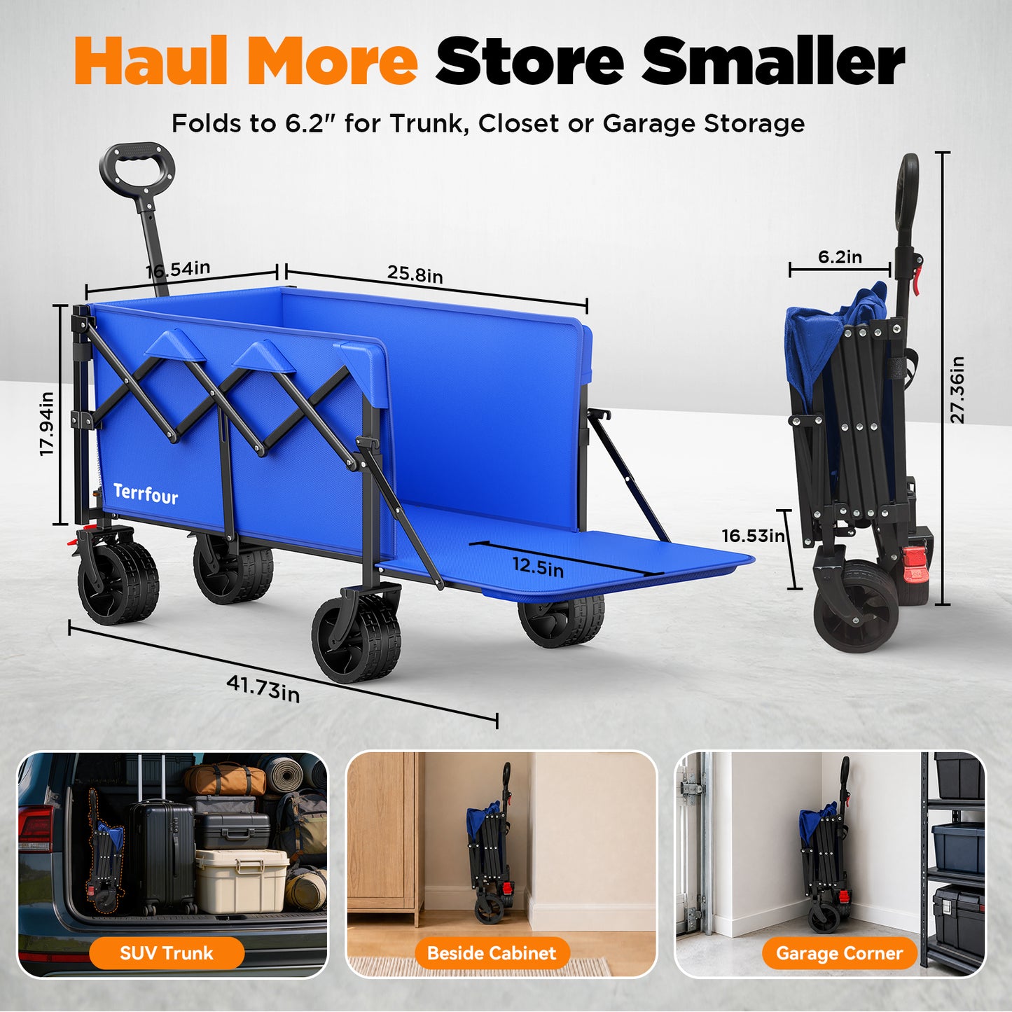 Terrfour 430 lb Heavy Duty Collapsible Folding Wagon Cart with Extended Tailgate and All-Terrain Wheels for Grocery, Shopping, Sports, Blue