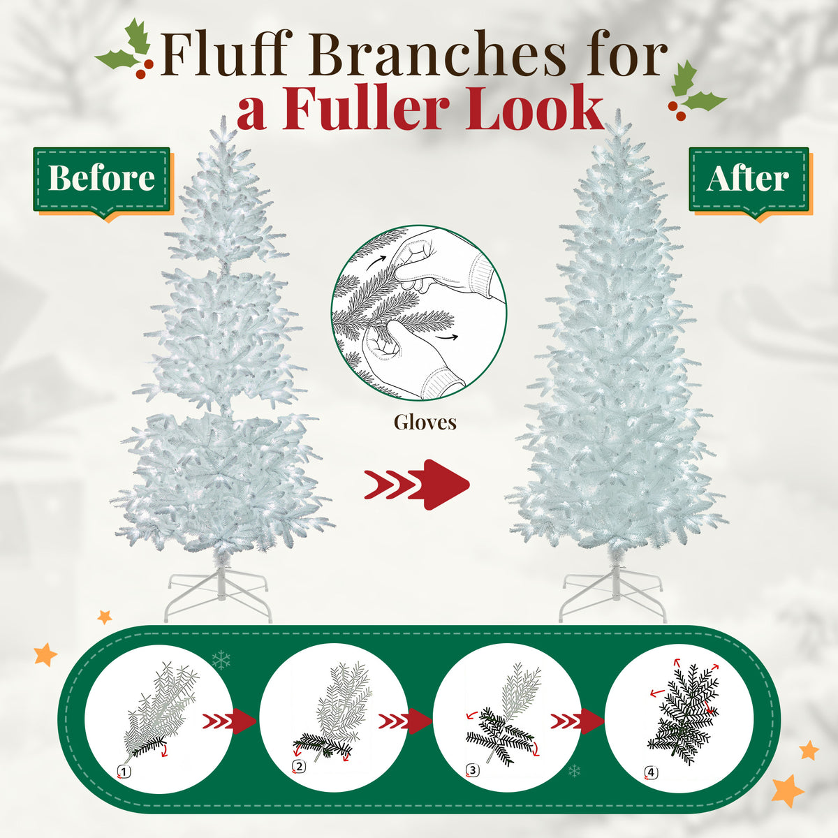 Goosiay 7 ft Pre-Lit White Flocked Slim Aspen Fir Artificial Christmas Tree with 280 Cool White Lights, 1060 Branch Tips, PE & PVC Branches