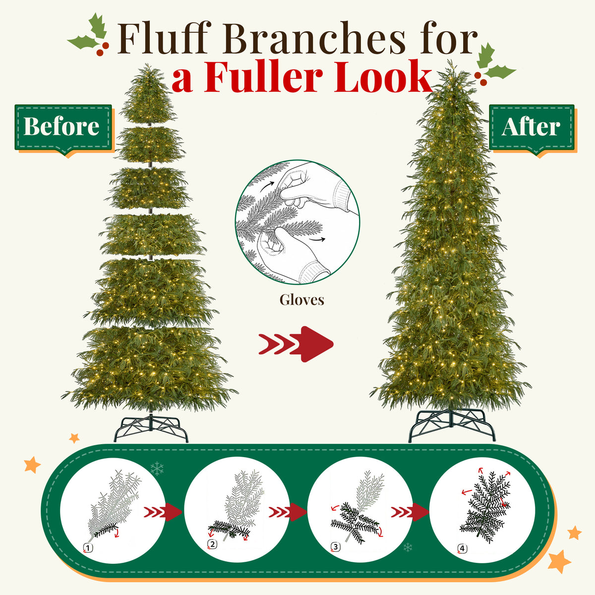 Goosiay 12 ft Pre-Lit Norfolk Pine Christmas Tree, PE Slim Artificial Tree with 800 Warm White & Multicolor 10-Function Lights, 15504 Branch Tips, Green