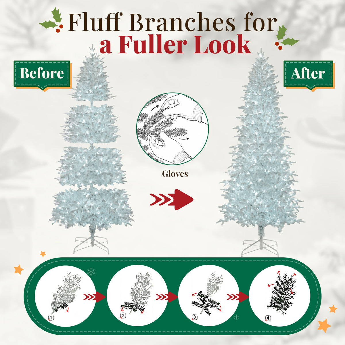 Goosiay 9 ft Pre-Lit White Flocked Slim Aspen Fir Artificial Christmas Tree with 450 Cool White Lights, 2045 Branch Tips, PE & PVC Branches