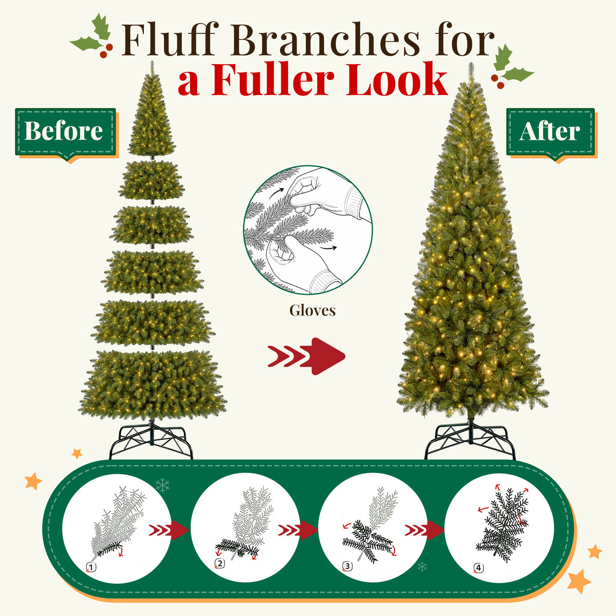 Goosiay 12 ft Pre-Lit Christmas Tree, PVC Slim Artificial Tree with 700 Warm White & Multicolor 10-Function Lights, 2740 Branch Tips,Green