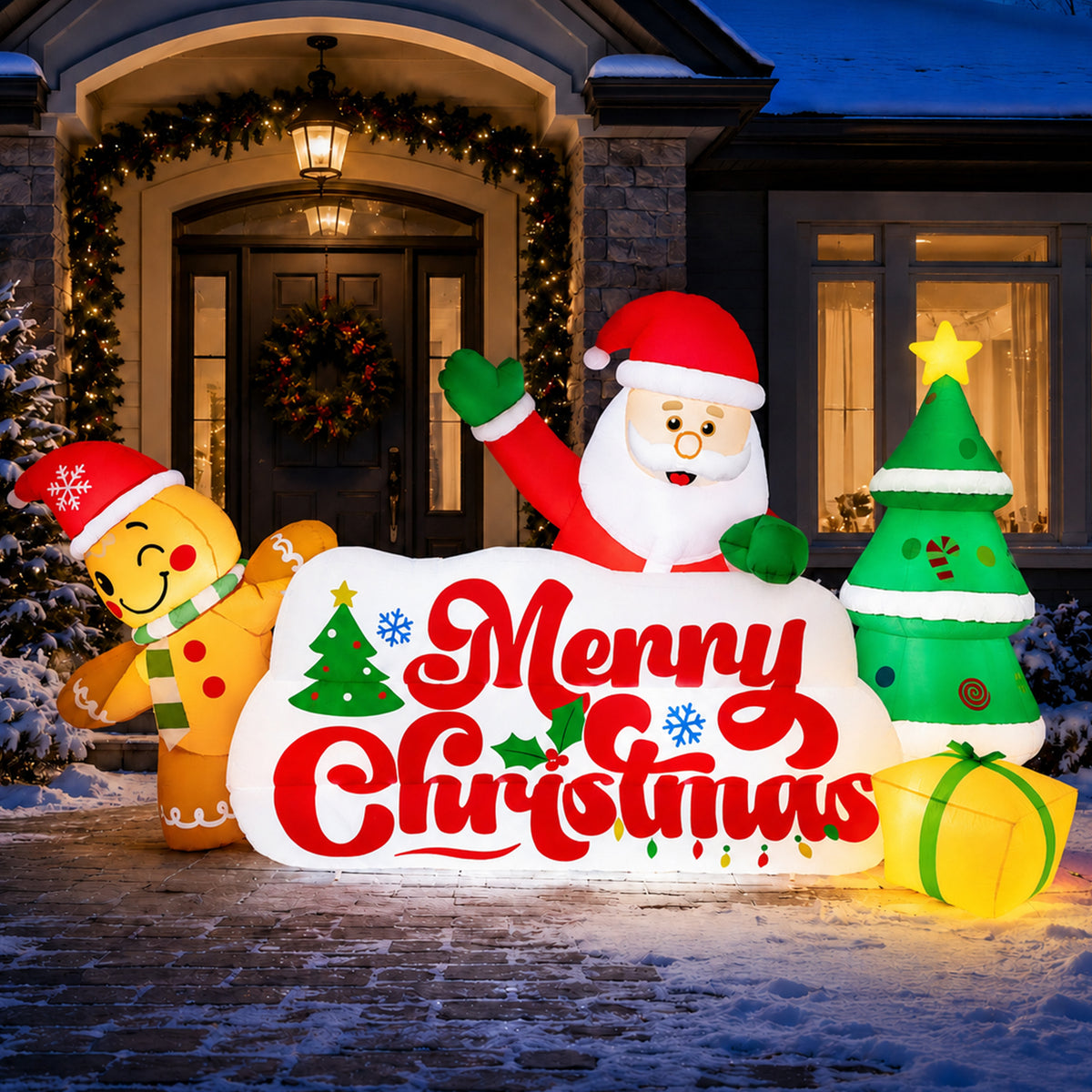 10ft Christmas Inflatables Outdoor Decorations, Merry Christmas Sign with Santa Gingerbread Christmas Tree, Built-in LEDs for Yard Lawn Garden
