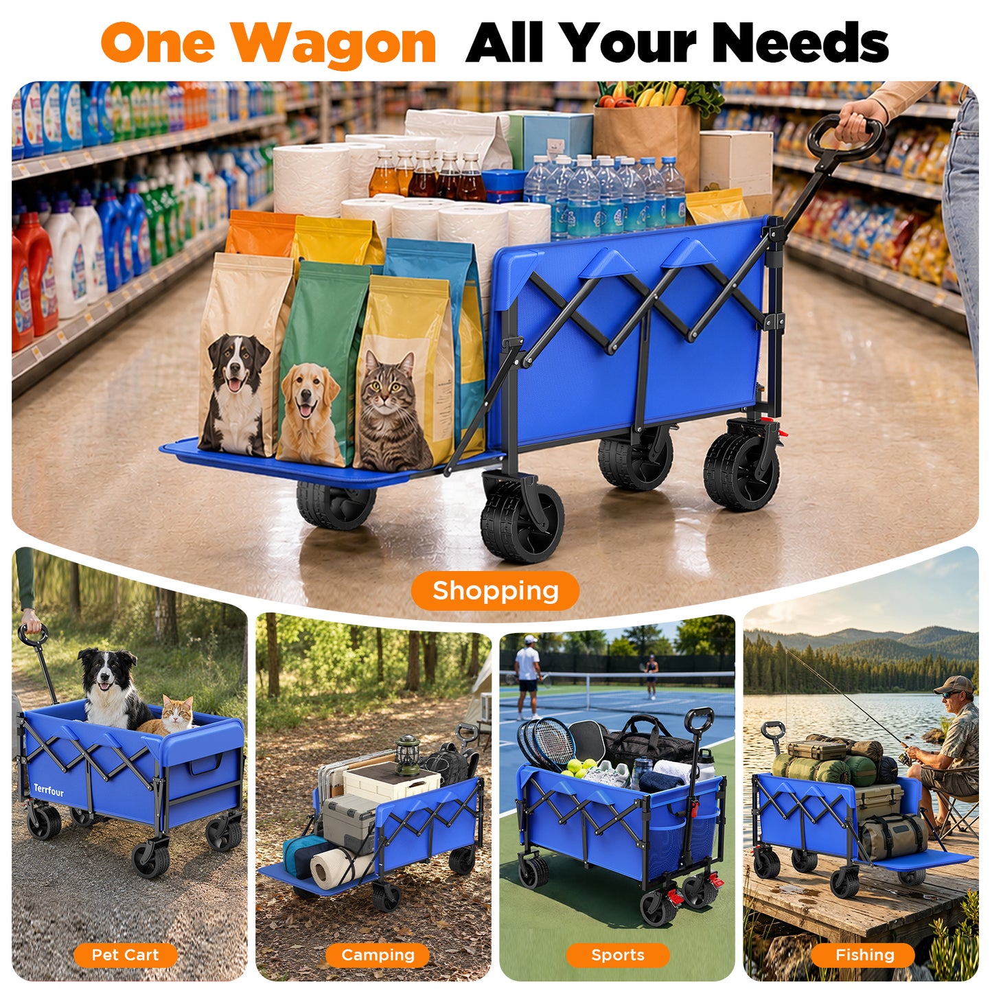 Terrfour 430 lb Heavy Duty Collapsible Folding Wagon Cart with Extended Tailgate and All-Terrain Wheels for Grocery, Shopping, Sports, Blue