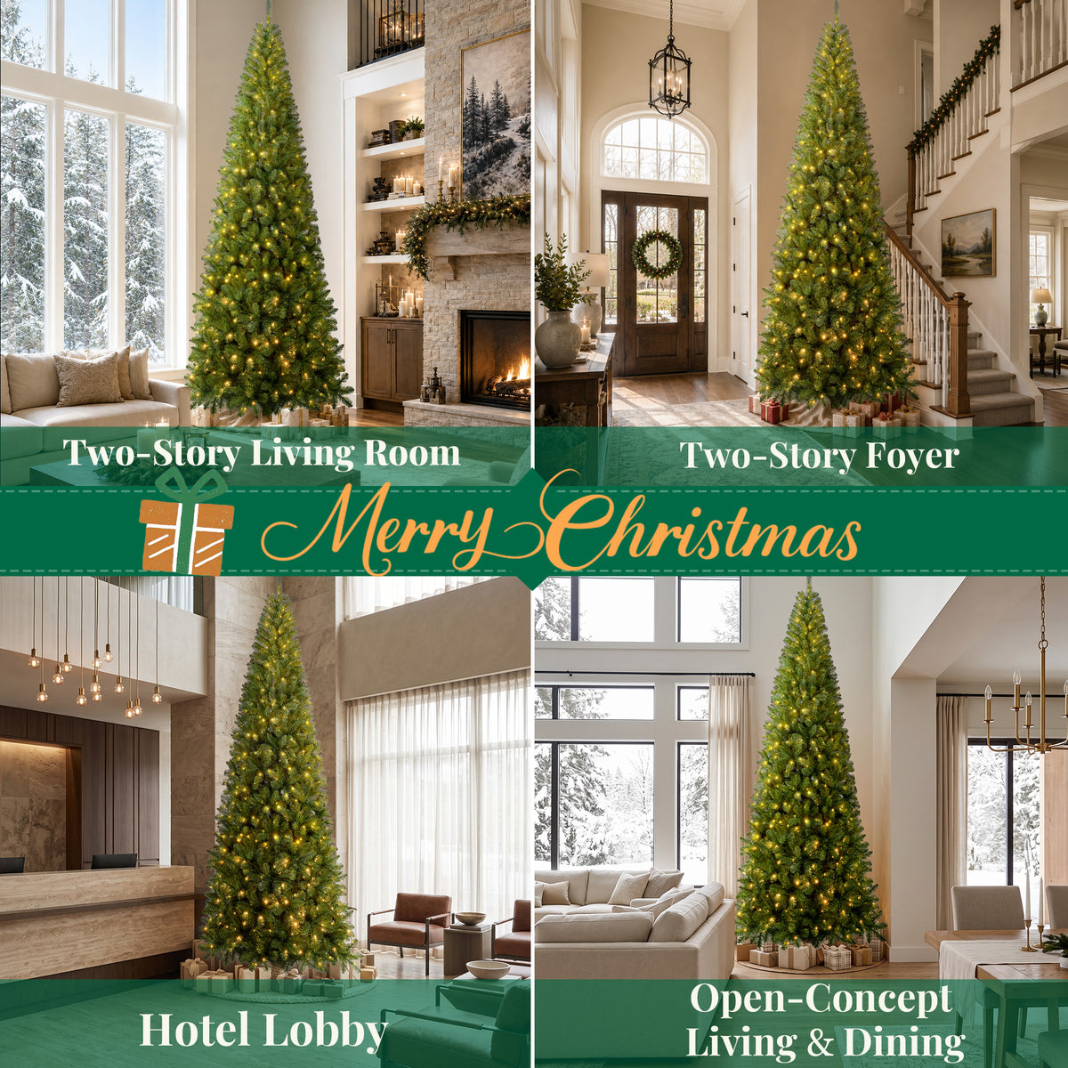 Goosiay 12 ft Pre-Lit Christmas Tree, PVC Slim Artificial Tree with 700 Warm White & Multicolor 10-Function Lights, 2740 Branch Tips,Green