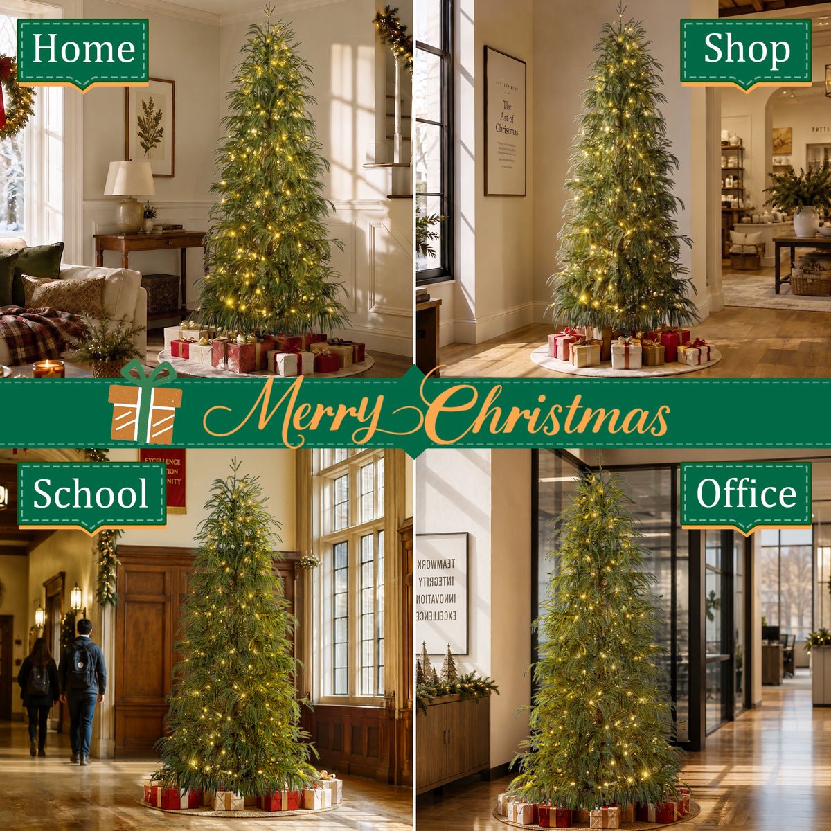 Goosiay 7 ft Pre-Lit Norfolk Pine Christmas Tree, PE Slim Artificial Tree with 300 Warm White & Multicolor 10-Function Lights, 6718 Branch Tips,Green