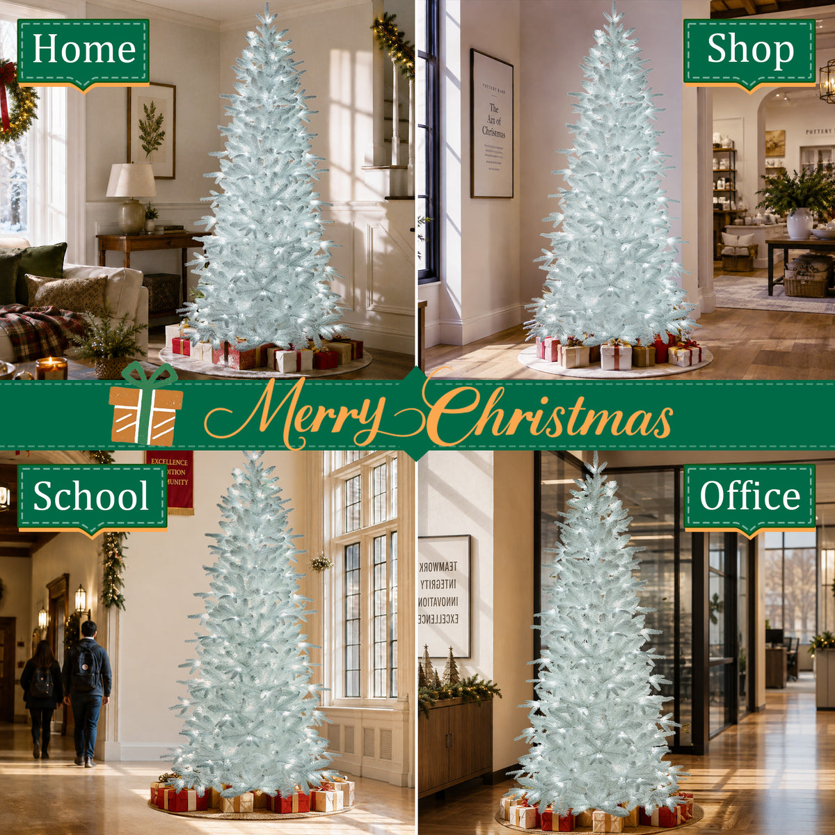 Goosiay 7 ft Pre-Lit White Flocked Slim Aspen Fir Artificial Christmas Tree with 280 Cool White Lights, 1060 Branch Tips, PE & PVC Branches