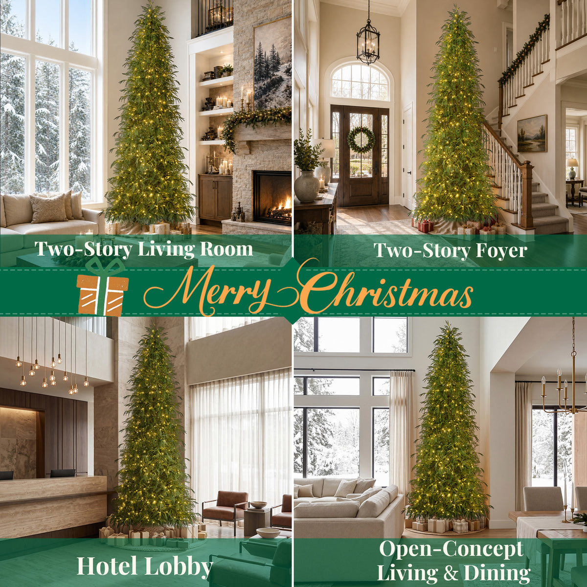 Goosiay 12 ft Pre-Lit Norfolk Pine Christmas Tree, PE Slim Artificial Tree with 800 Warm White & Multicolor 10-Function Lights, 15504 Branch Tips, Green