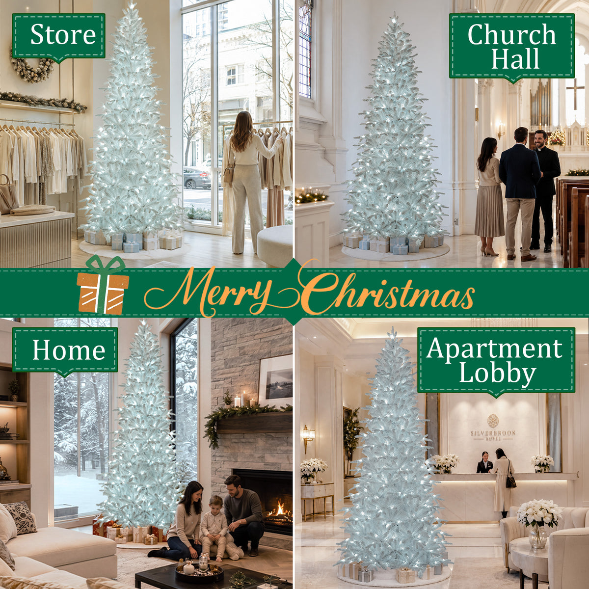 Goosiay 9 ft Pre-Lit White Flocked Slim Aspen Fir Artificial Christmas Tree with 450 Cool White Lights, 2045 Branch Tips, PE & PVC Branches