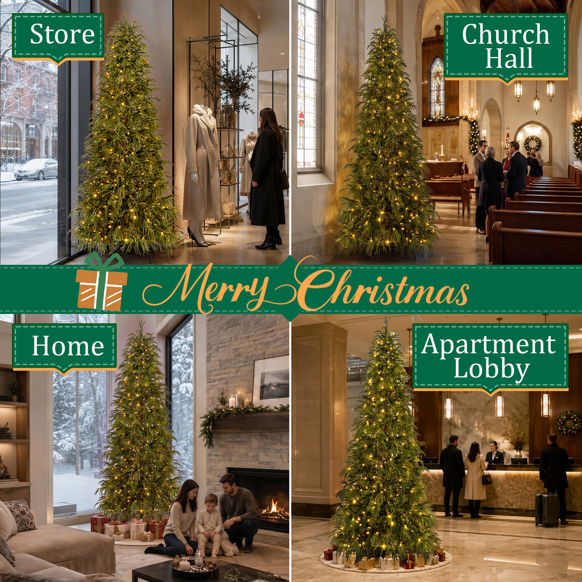 Goosiay 9 ft Pre-Lit Norfolk Pine Christmas Tree, PE Slim Artificial Tree with 480 Warm White & Multicolor 10-Function Lights, 8488 Branch Tips, Green