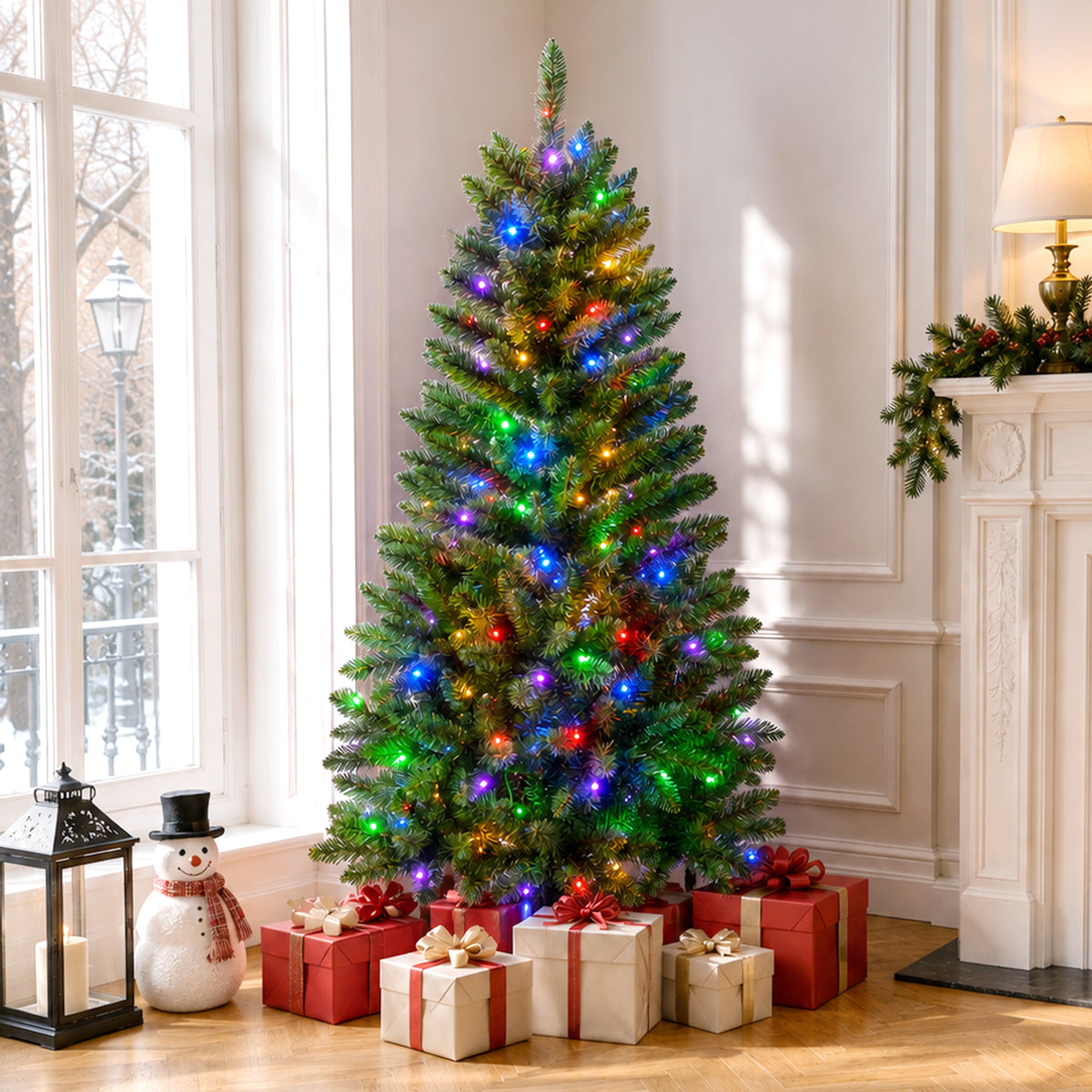 Goosiay Pre-Lit Artificial Christmas Tree, 4ft, 150 Warm White & Multi-Colored 10 Modes LED Lights, Metal Stand, 360 Branch Tips, Green
