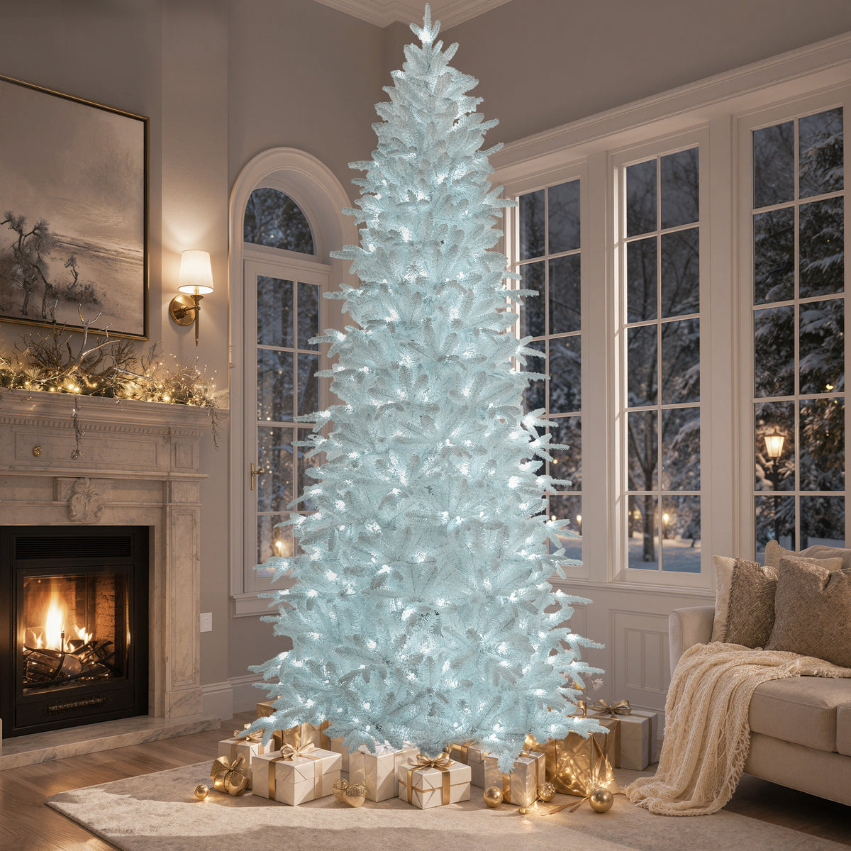 Goosiay 9 ft Pre-Lit White Flocked Slim Aspen Fir Artificial Christmas Tree with 450 Cool White Lights, 2045 Branch Tips, PE & PVC Branches
