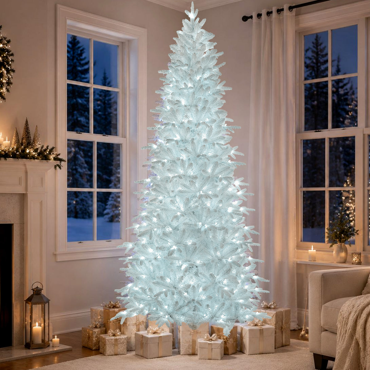 Goosiay 7 ft Pre-Lit White Flocked Slim Aspen Fir Artificial Christmas Tree with 280 Cool White Lights, 1060 Branch Tips, PE & PVC Branches