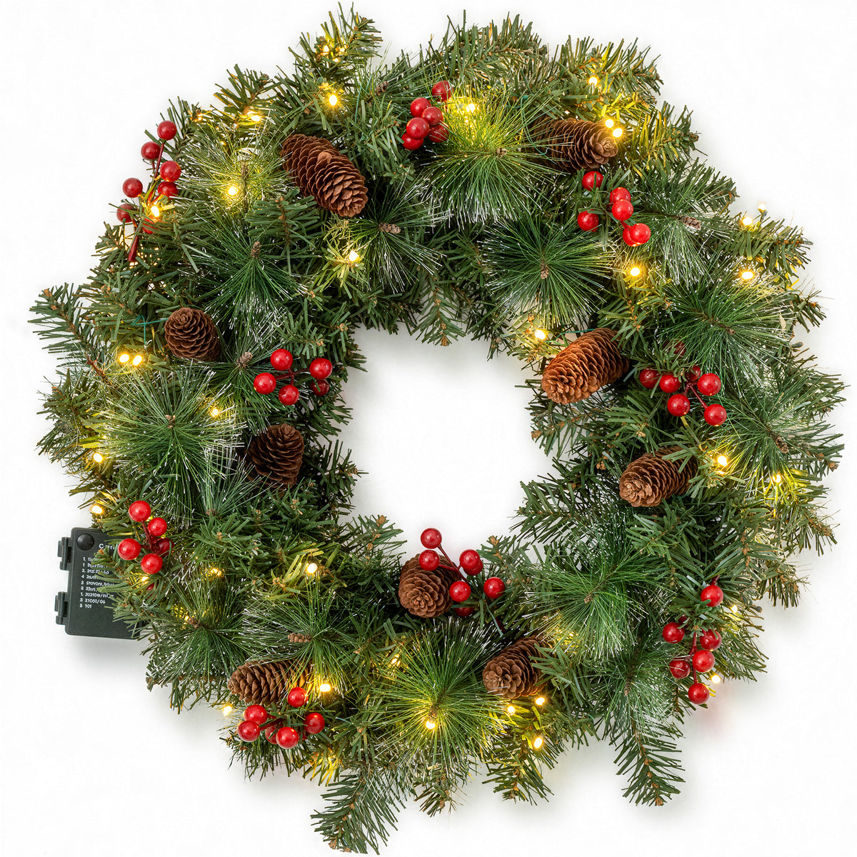 24" Pre-Lit Christmas Wreaths for Front Door, Christmas Needles,Red Berries, Pine Cones, Outdoor Lighted Christmas Wreath for Window Fireplace Indoor Outdoor Decor, Green
