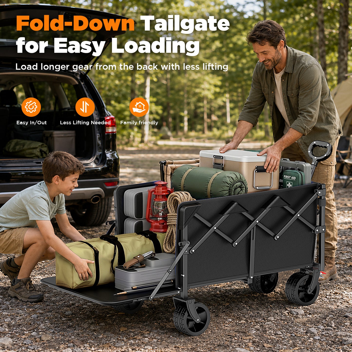 Terrfour 430lb Heavy Duty Collapsible Folding Wagon Cart with Extended Tailgate and All-Terrain Wheels for Camping, Garden, Outdoor, Black