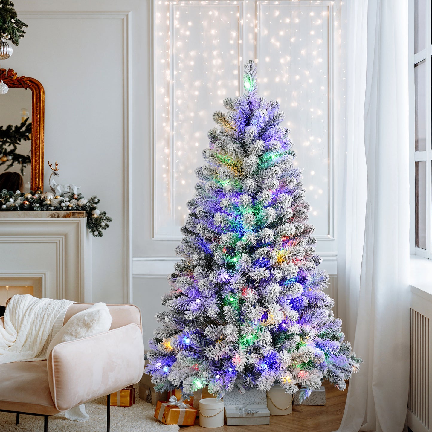 Goosiay 4ft Pre-Lit Flocked Christmas Tree, 360 Realistic Branch Tips, 120 Multicolor & Warm White LED Lights Snowy Artificial Christmas Tree