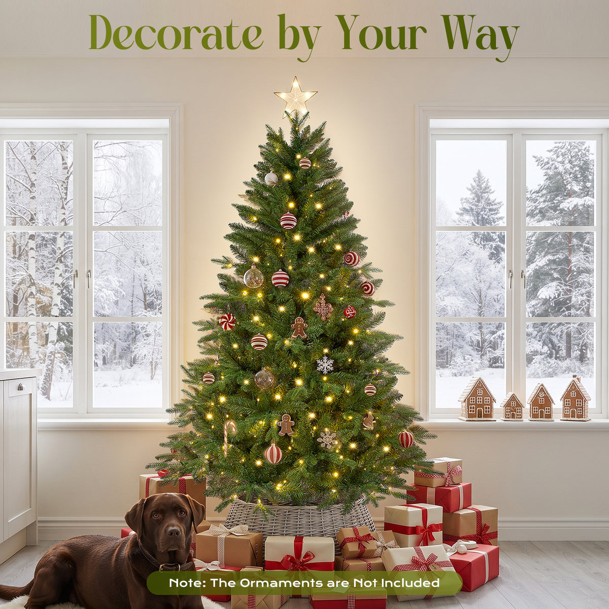 Goosiay 6ft Prelit Hinged Christmas Tree with 300 Multicolor & Warm White LED Lights, 980 Branch Tips, Metal Stand